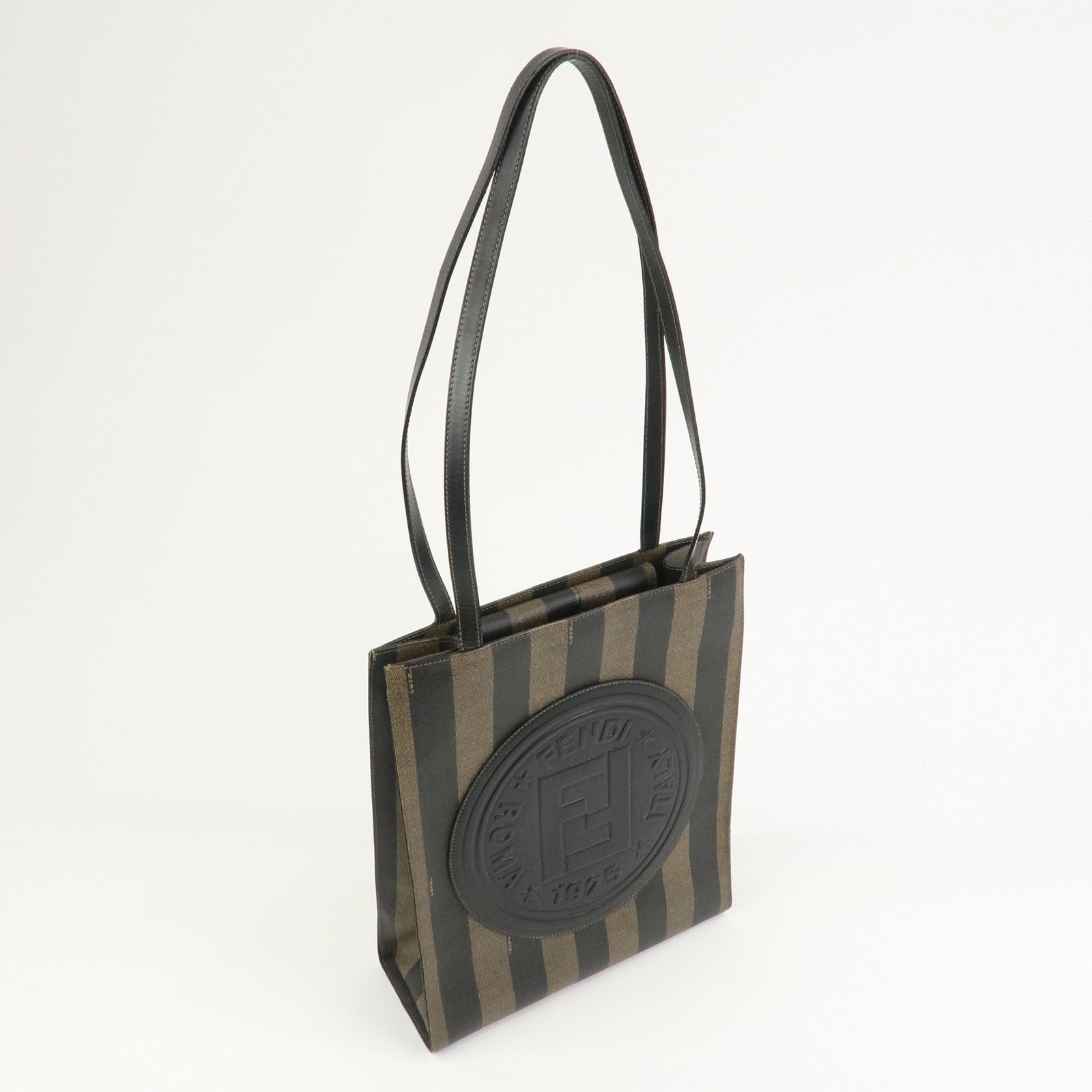 FENDI Pequin PVC Coating Canvas Leather Tote Bag Brown Black 259980