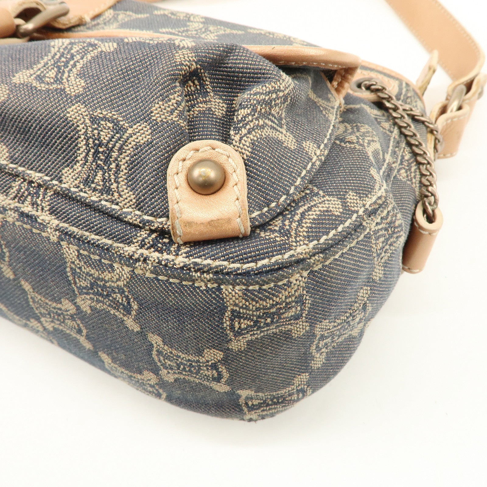 CELINE Macadam Leather Denim Shoulder Bag Hand Bag Beige Navy Used