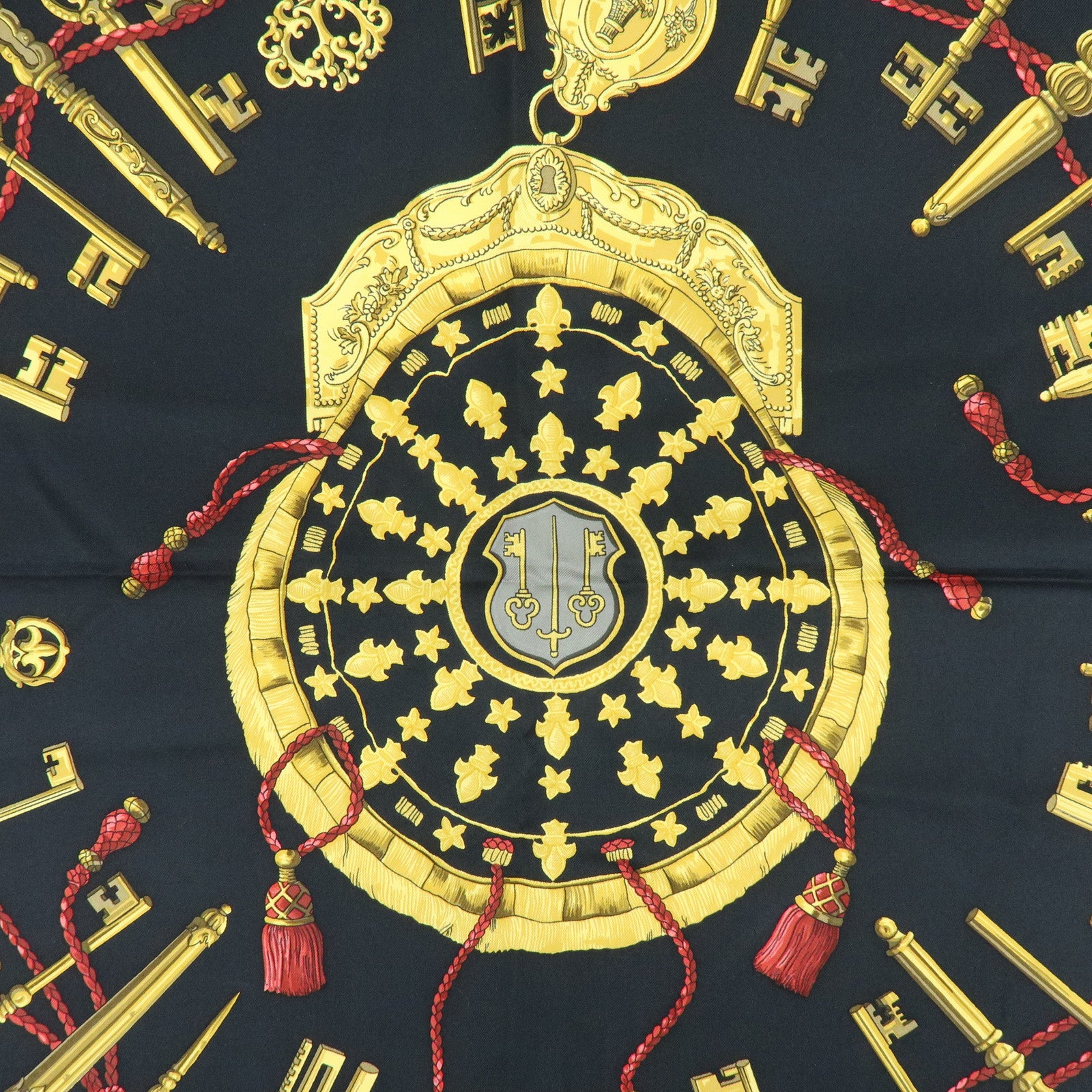 HERMES Carre 90 Silk 100% Scarf LES CLES THE KEYS RARE Black Gold