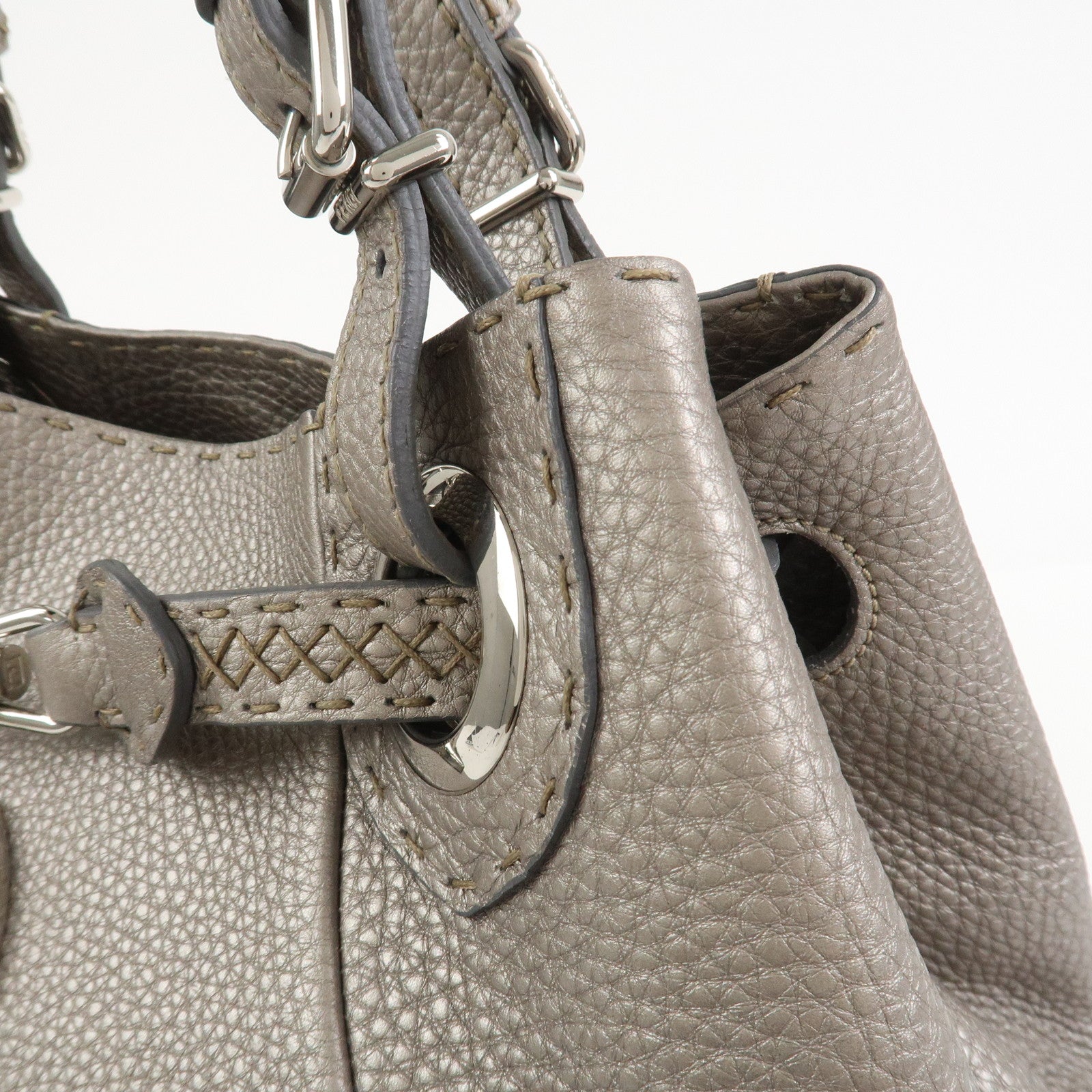FENDI Selleria Leather Hand Bag Shoulder Bag Silver 8BR595