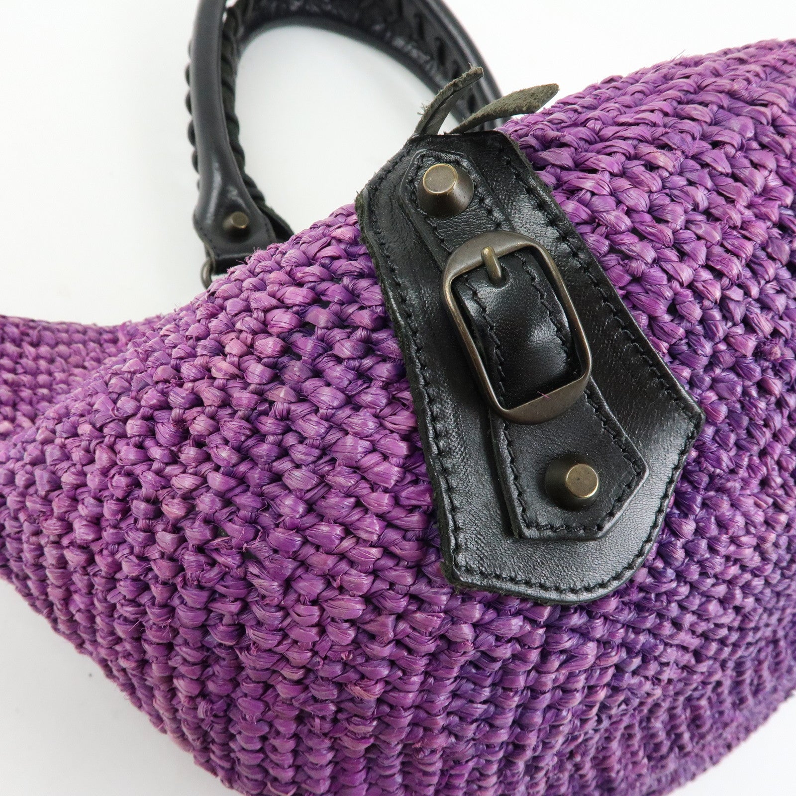 BALENCIAGA Leather Raffia Small Hand Bag Purple Black 236741