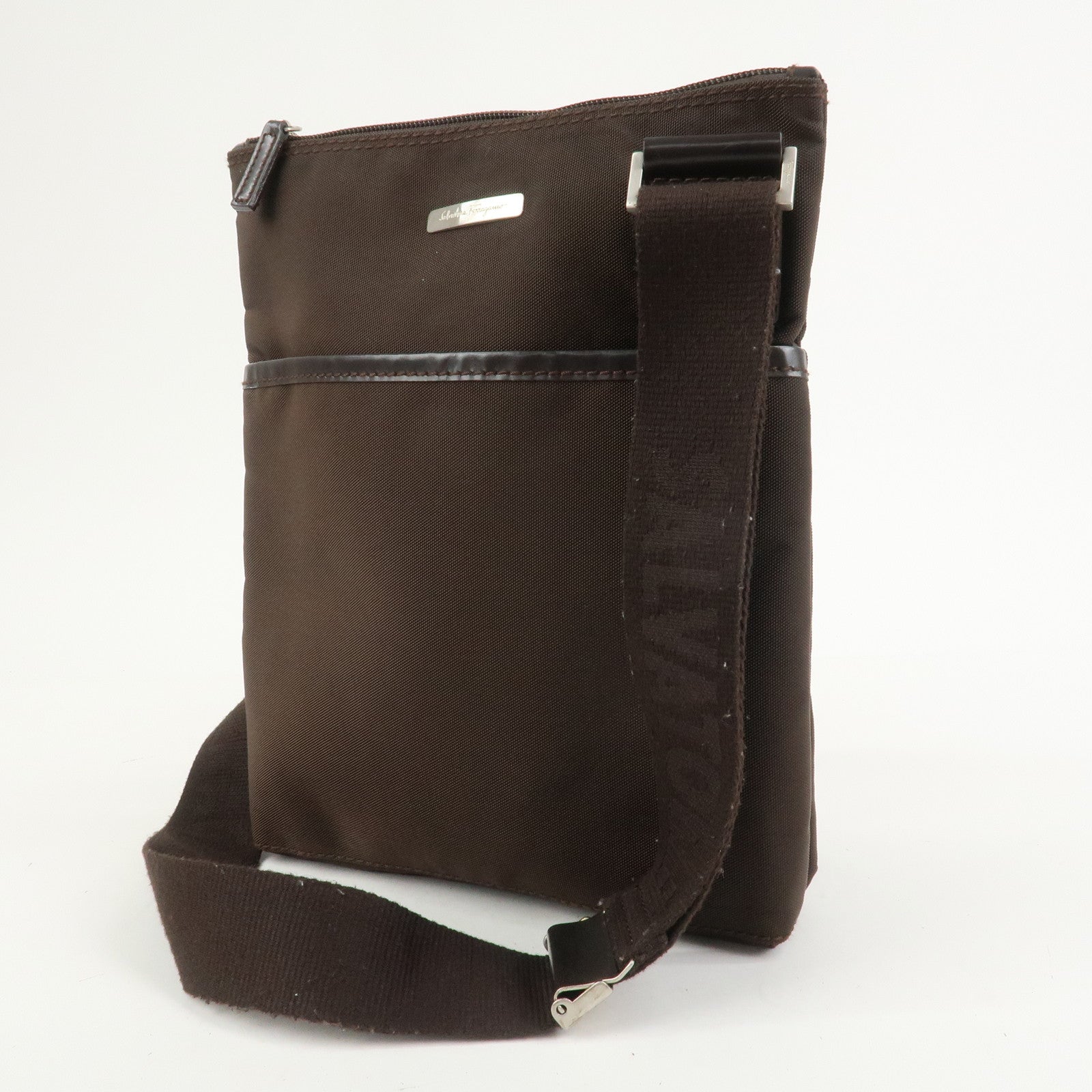 Ferragamo Nylon Leather Shoulder Bag Crossbody Bag Brown Silvern