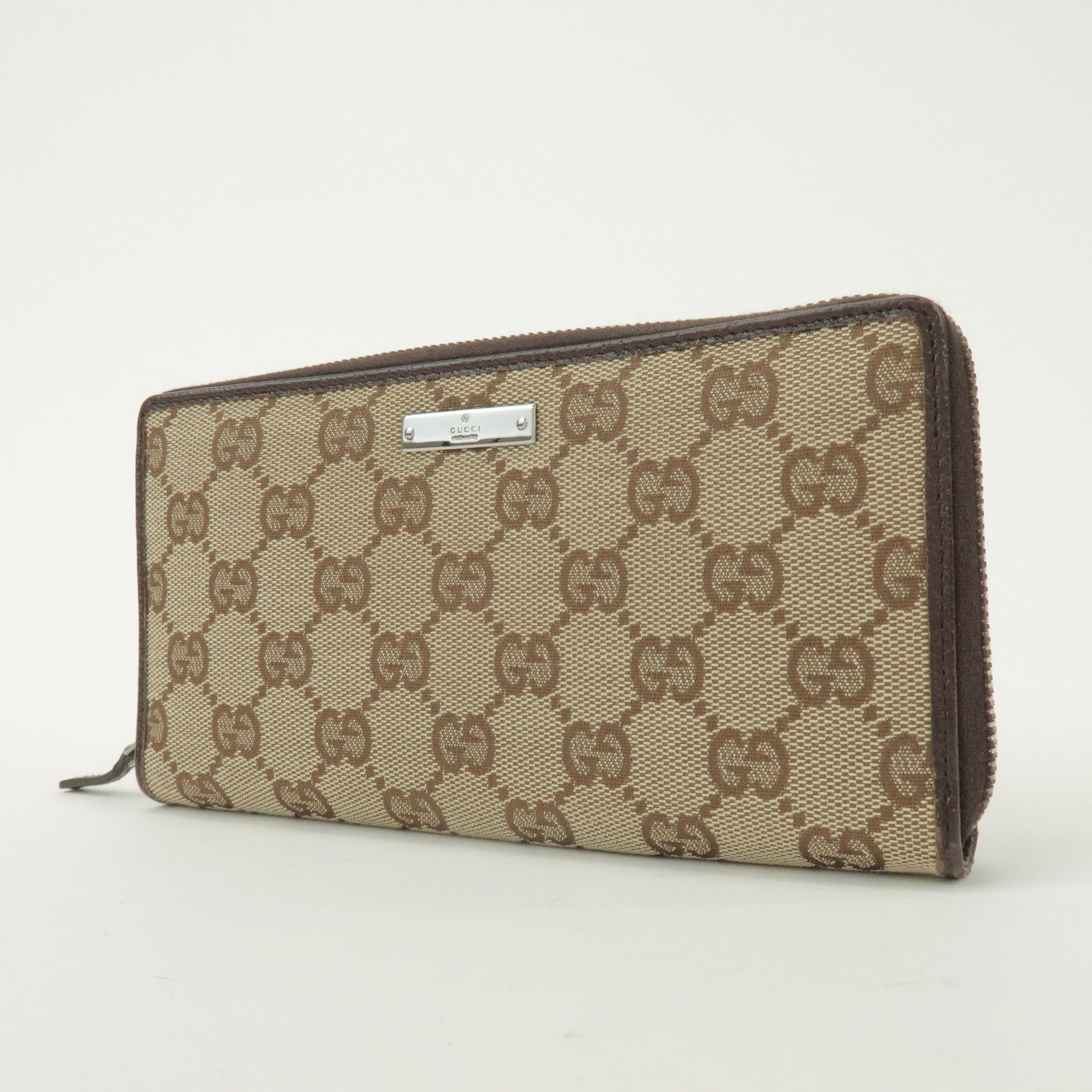 GUCCI GG Canvas Leather Round Zippy Long Wallet Beige Brown 112724