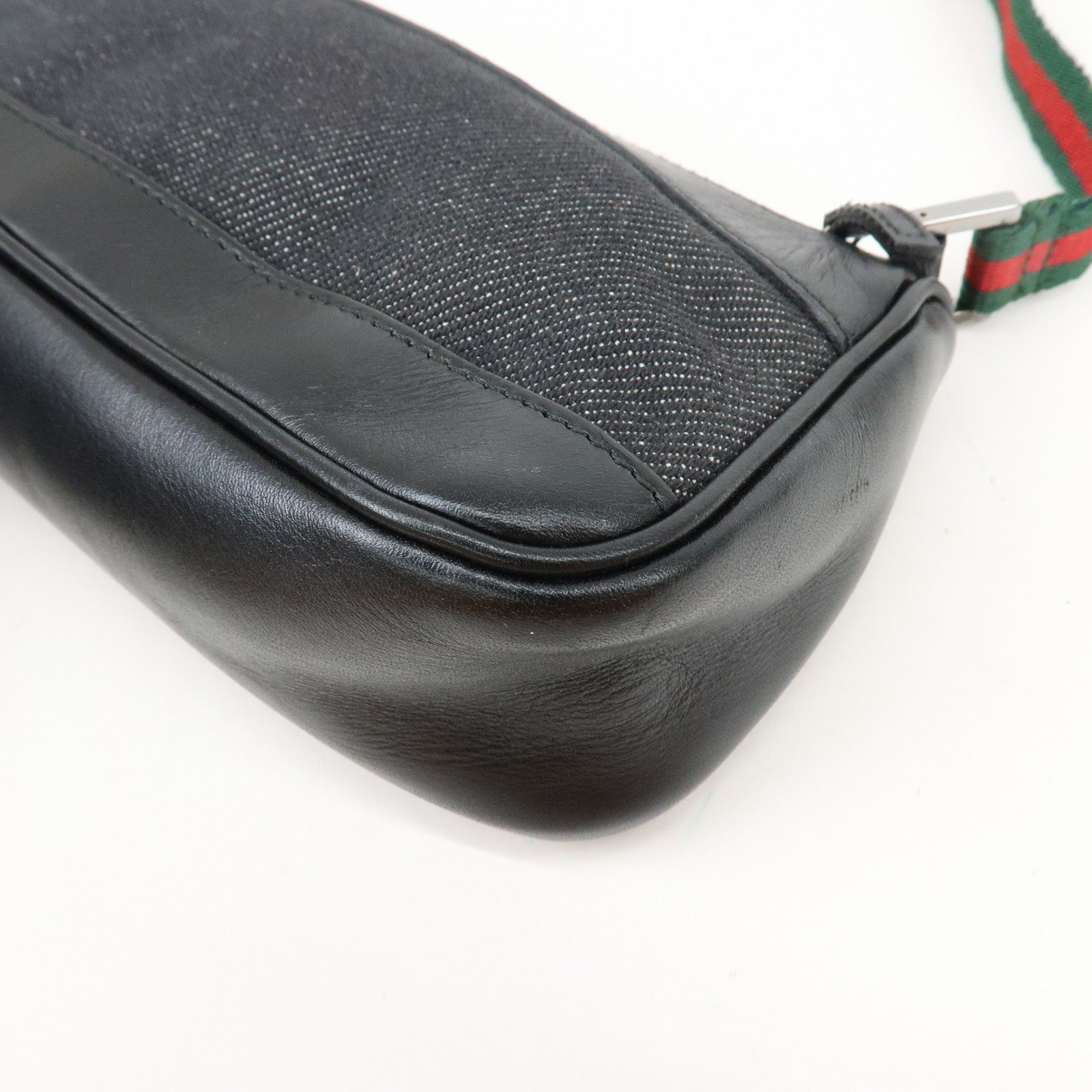 GUCCI Sherry Leather Denim Accessory Pouch Hand Bag Black 92820