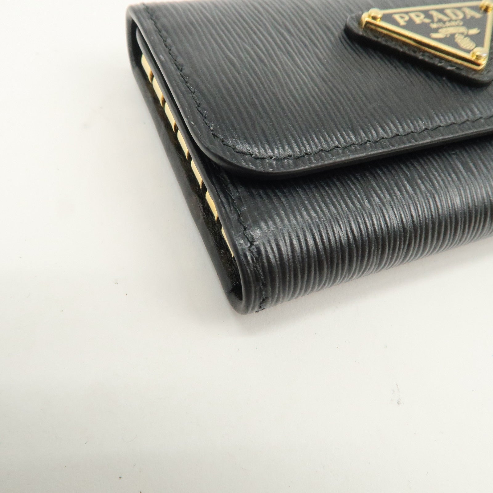 PRADA Triangle Logo Leather 6 Key Case Key Holder Black 1PG222
