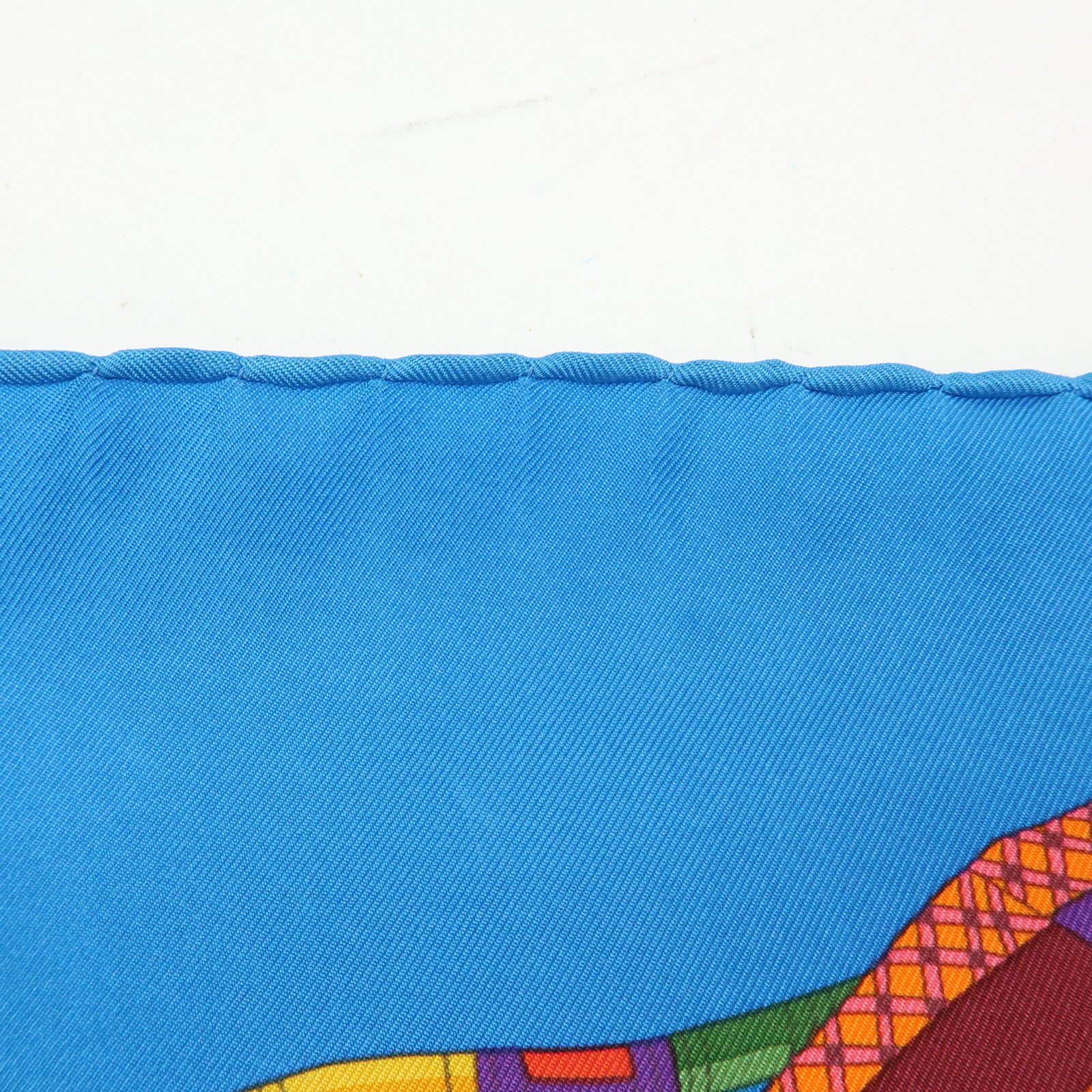HERMES Carre 90 Silk 100% Scarf VOYAGE EN ETOFFES Blue Orange Pink