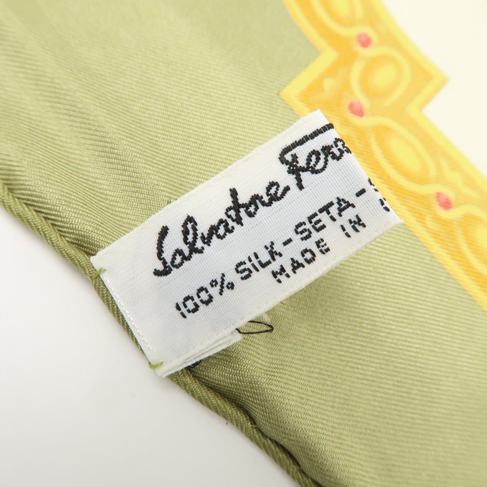 Ferragamo Flower Fruit Motif Silk 100% Scarf Ivory Green Orange