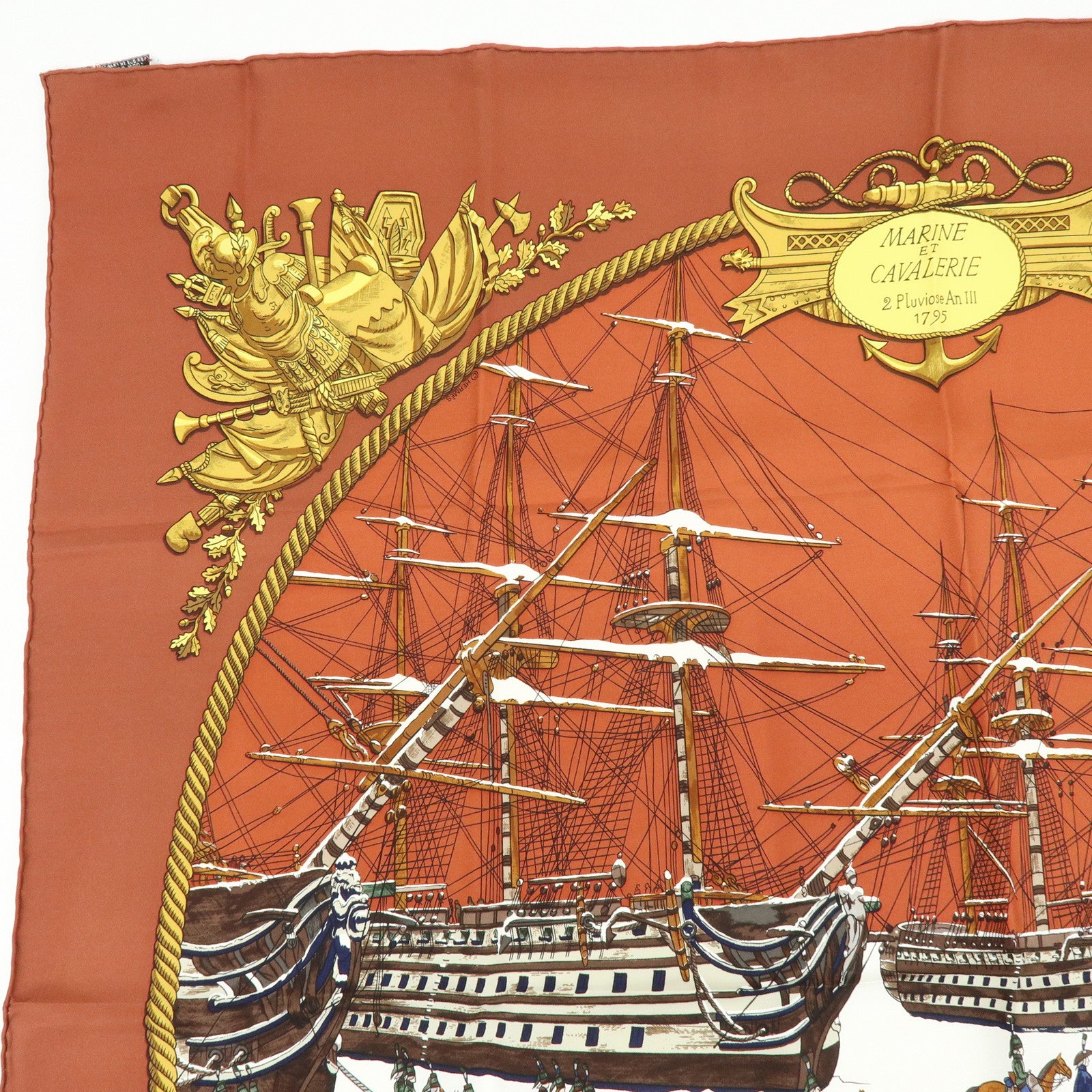 HERMES Carre 90 Silk 100% Scarf MARINE ET CAVALERIE Brown
