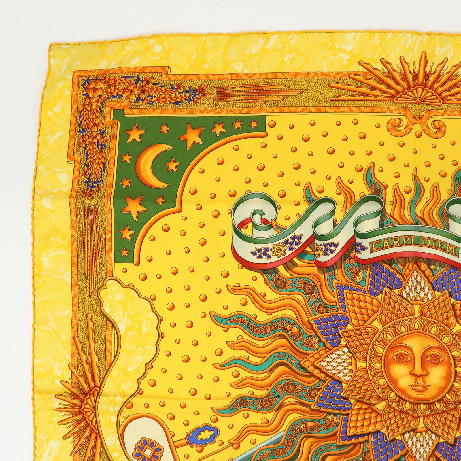 HERMES Carre 90 Silk 100% Scarf GLORIA SOLI Yellow Green Orange