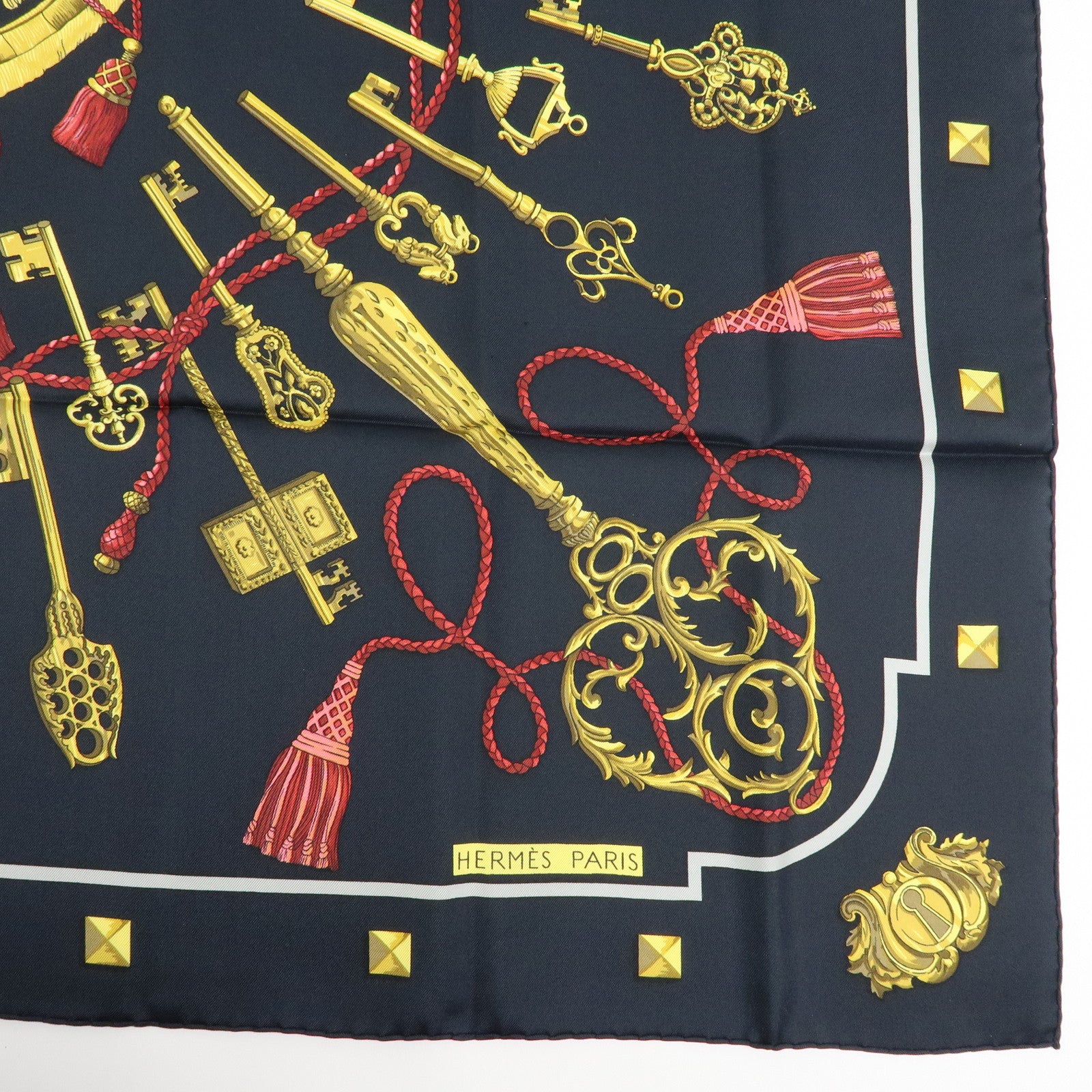 HERMES Carre 90 Silk 100% Scarf LES CLES THE KEYS RARE Black Gold