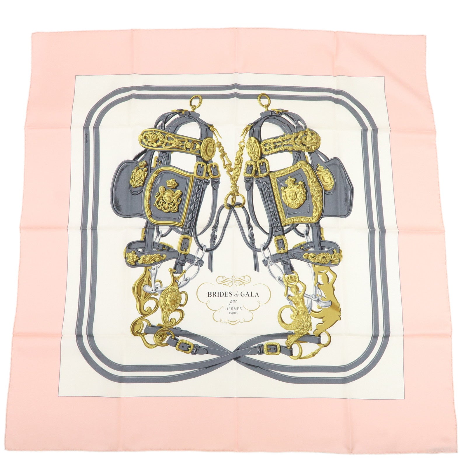 HERMES Carre 90 Silk 100% RIDES DE GALA Scarf Light Pink White