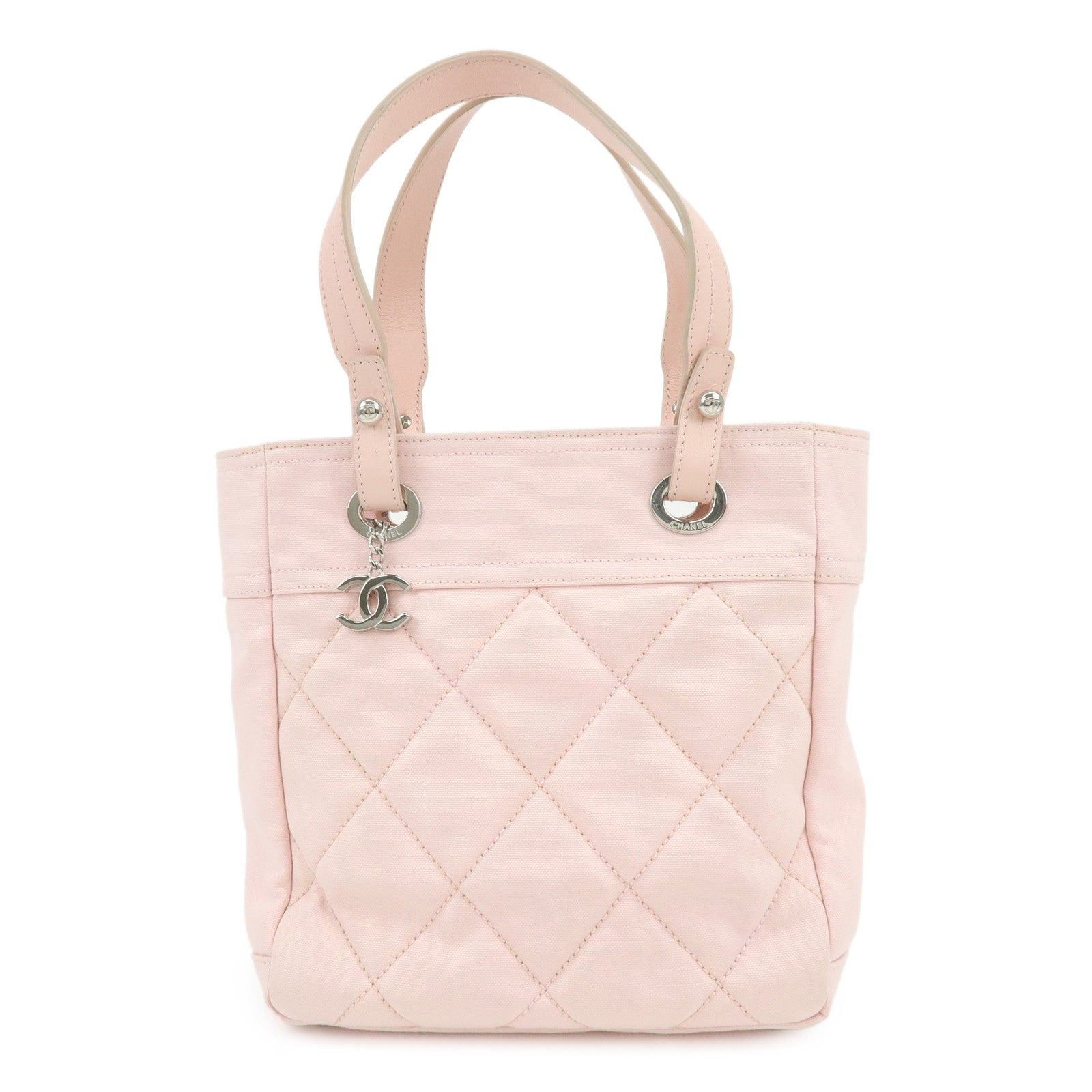 CHANEL Paris Biarritz PM Canvas Leather Tote Bag Pink A34208