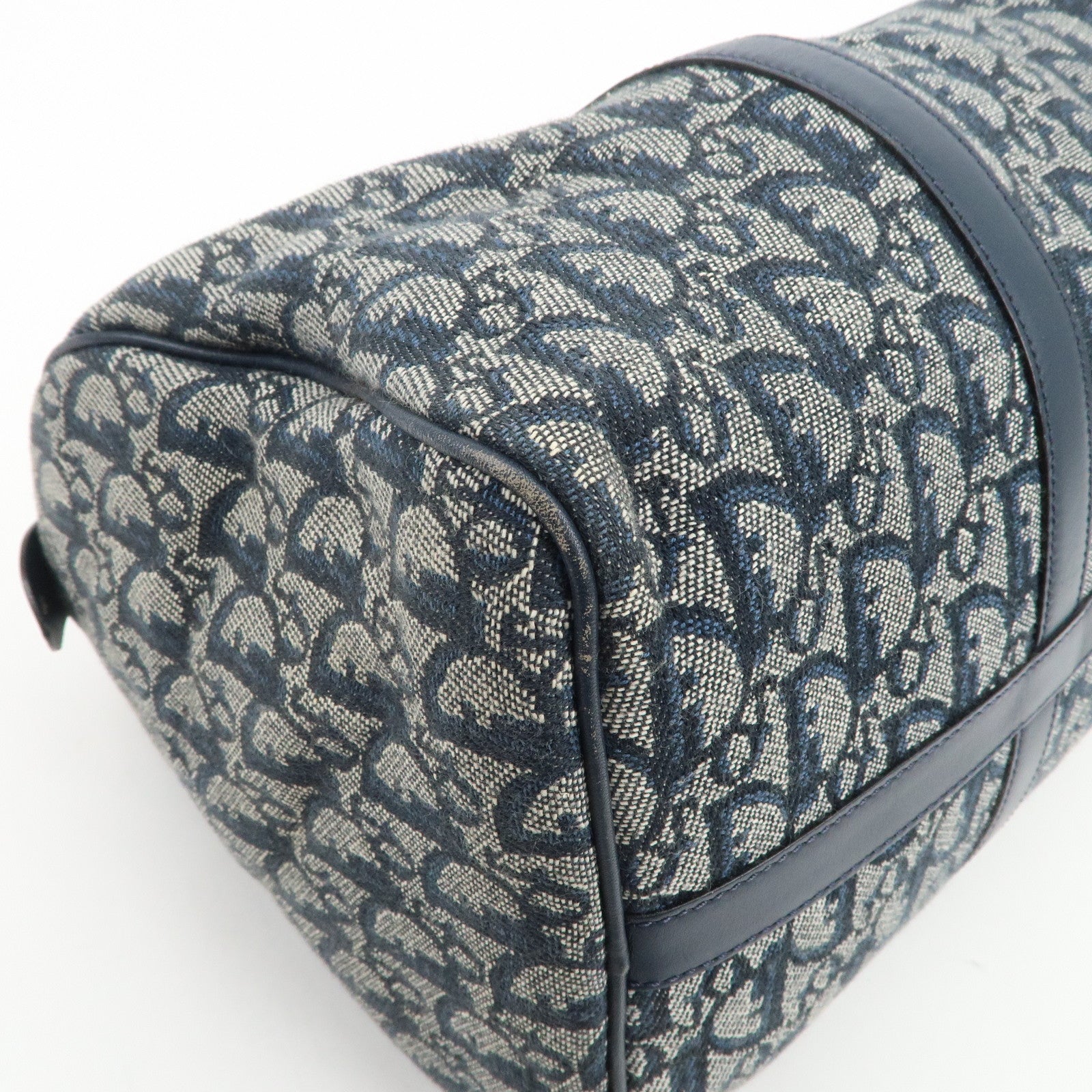 Christian Dior Trotter Jacquard Canvas Leather Boston Bag Navy
