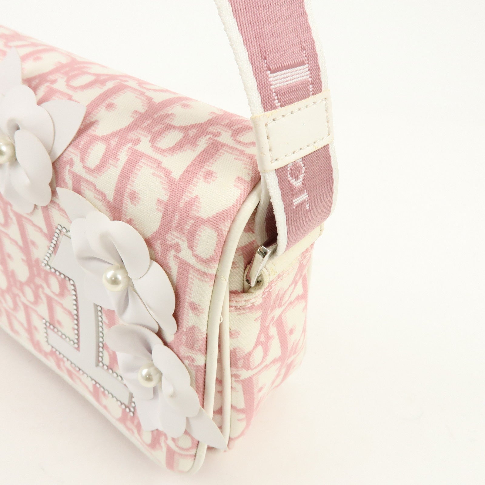 Christian Dior Trotter Canvas Rhinestone Leather Shoulder Bag Pink