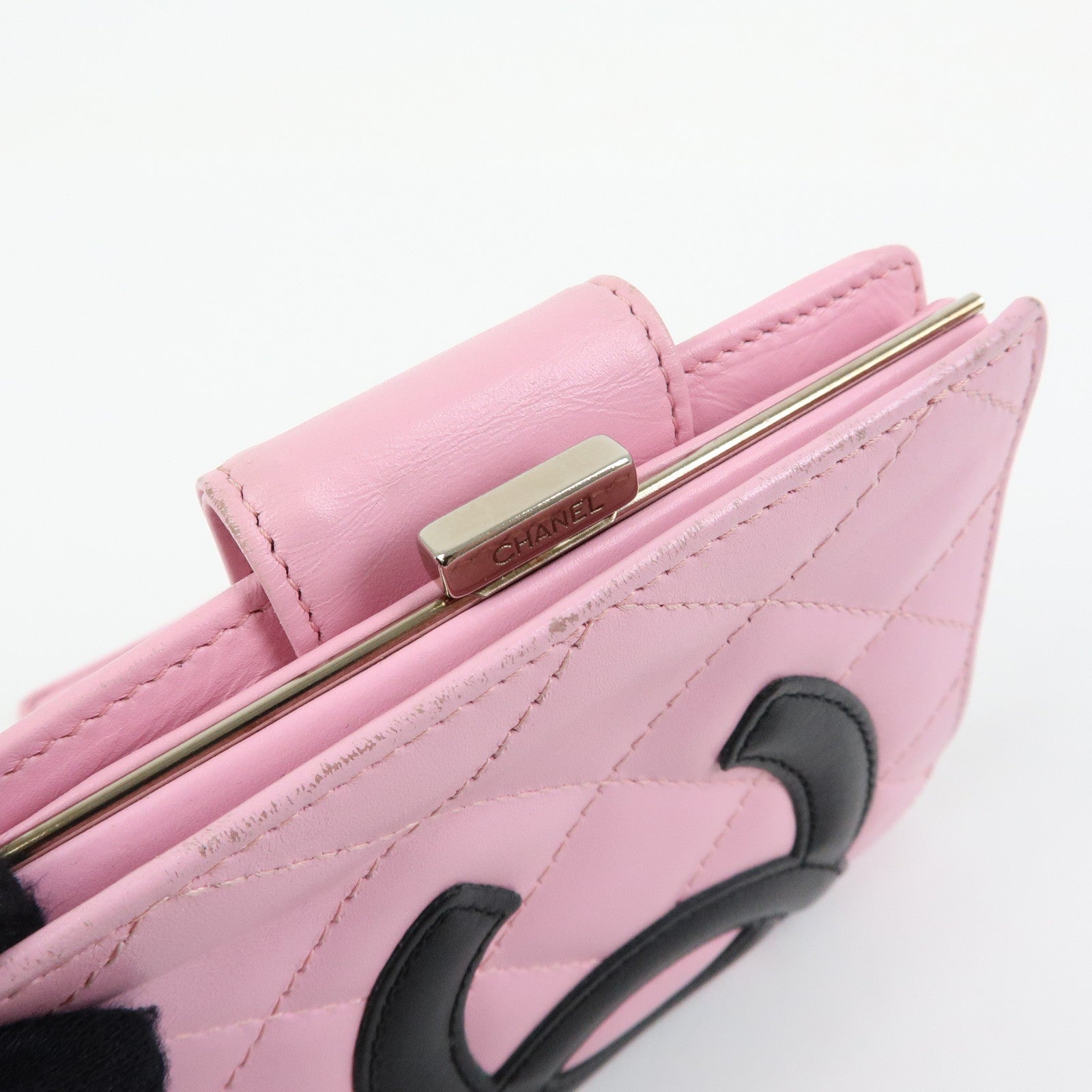 CHANEL Cambon Line Matelasse Lamb Skin Bi-fold Compact Wallet Pink