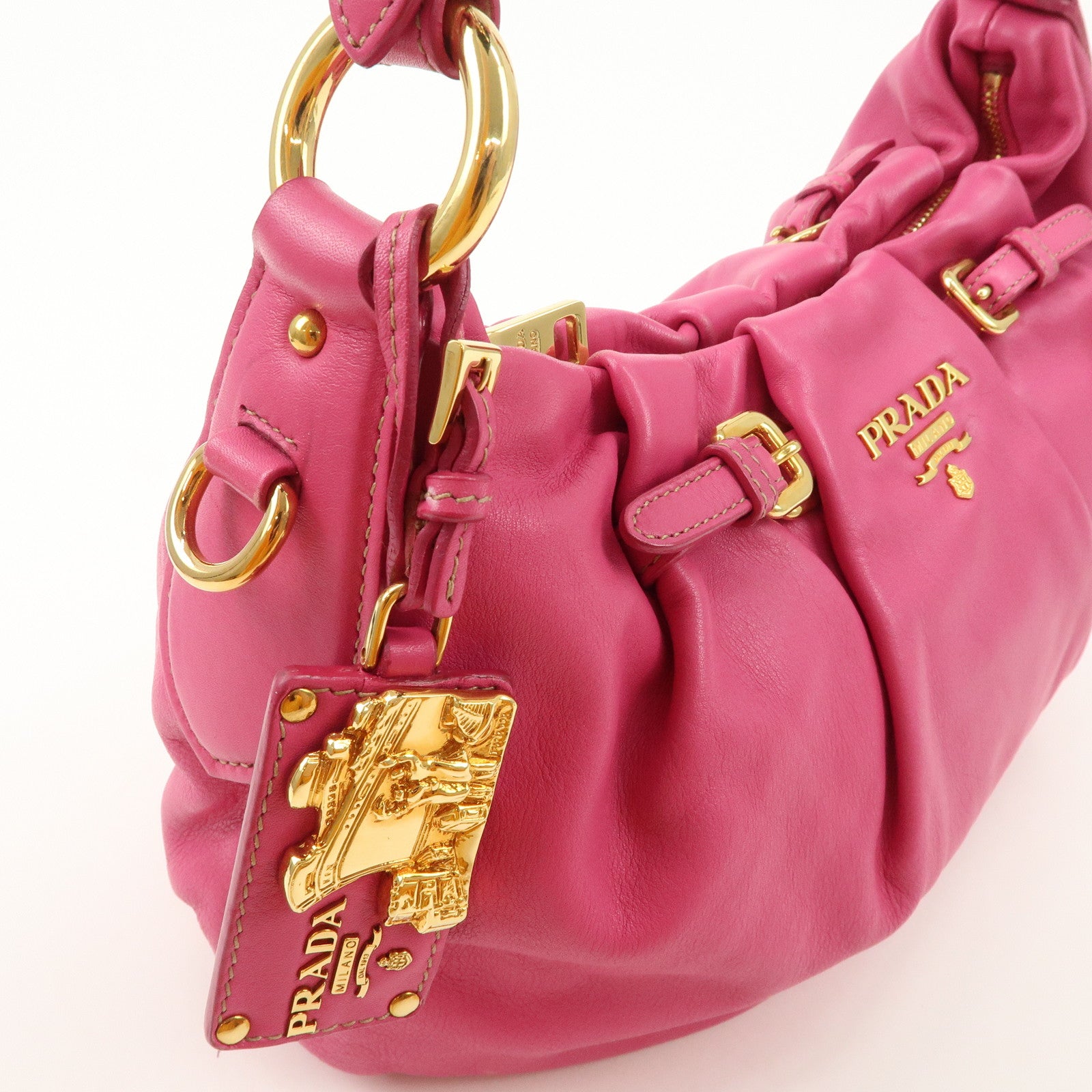 PRADA Logo Leather Shoulder Bag Pink Gold HDW