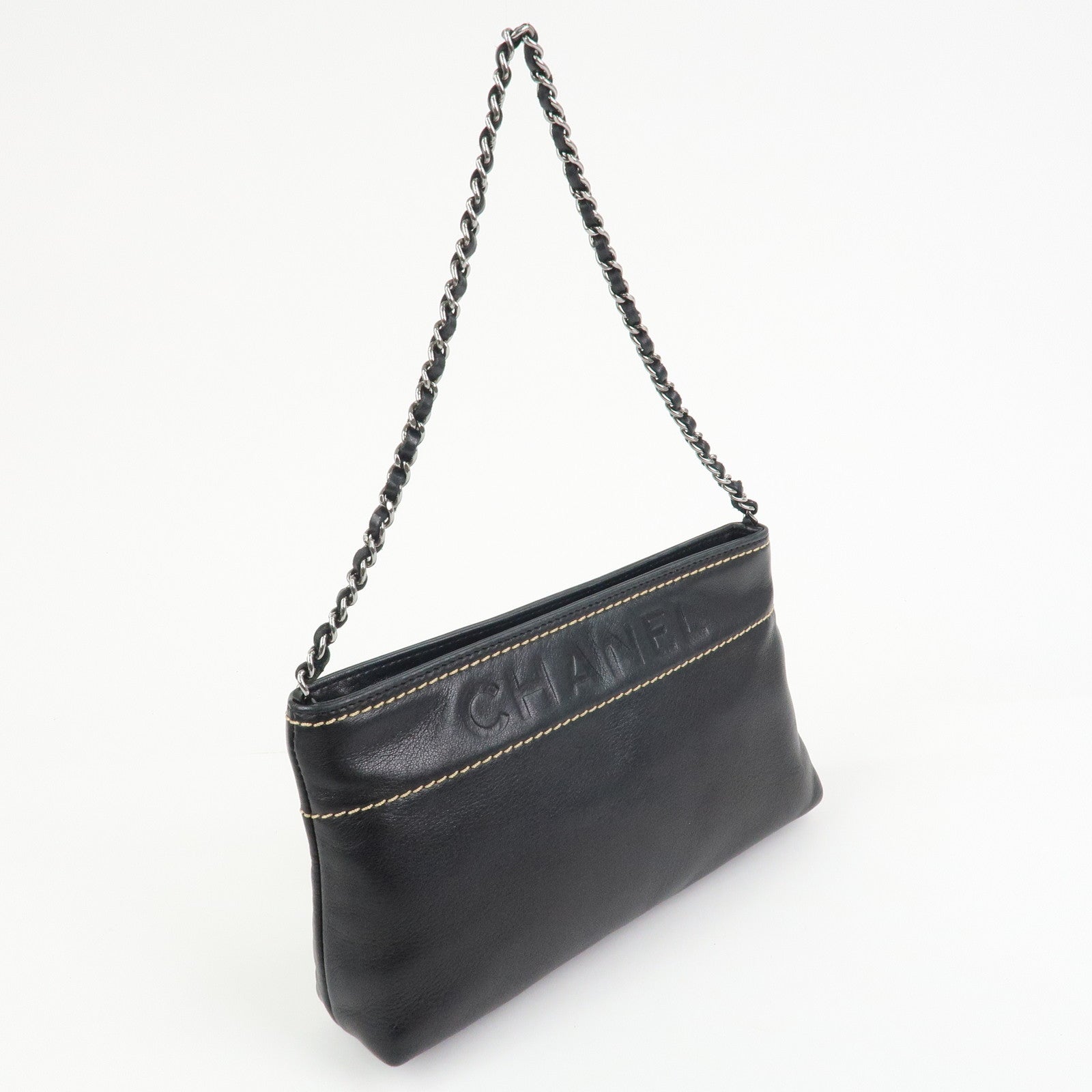 CHANEL Lambskin Chain Shoulder Bag Hand Bag Black Silver