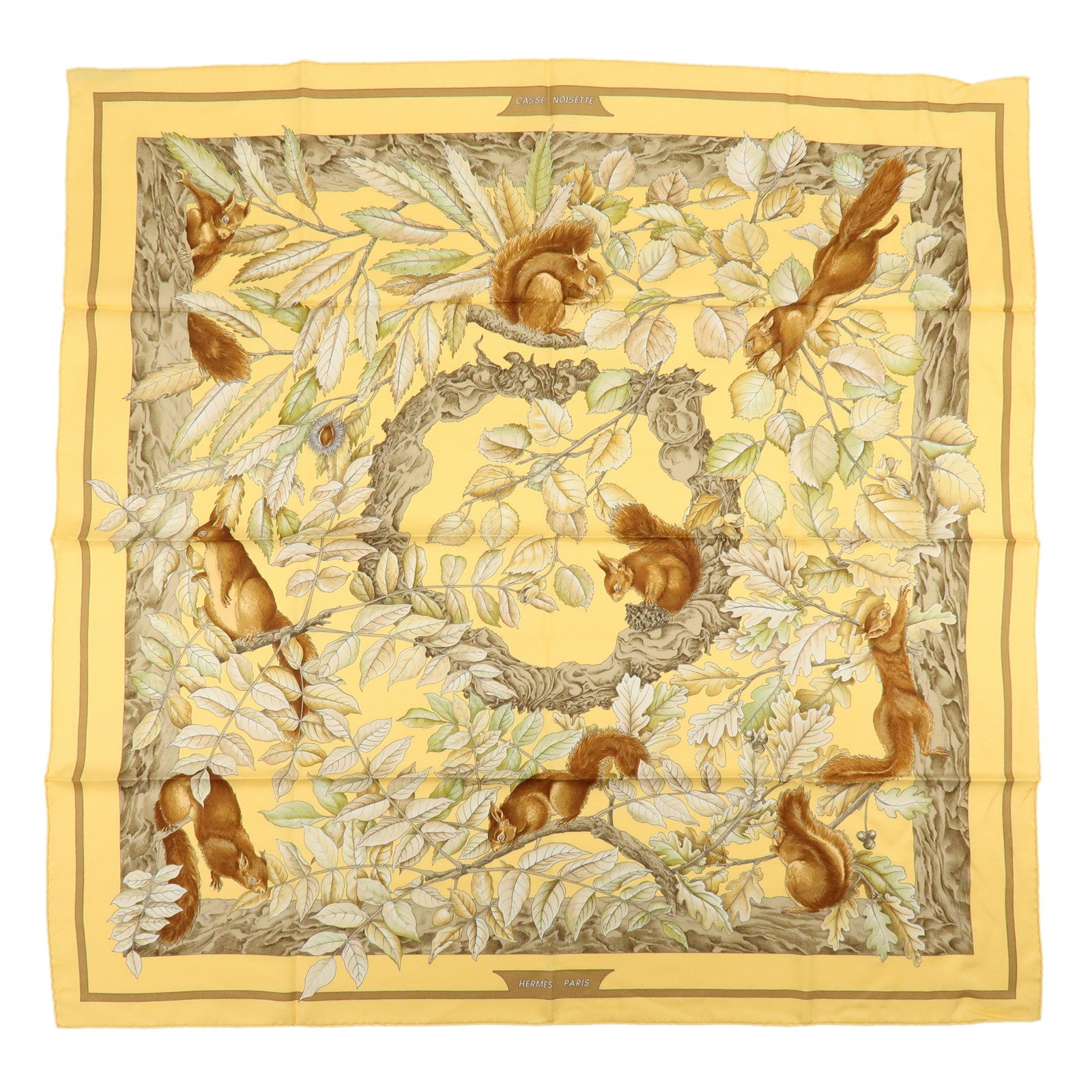 HERMES Carre 90 Silk 100% Scarf Casse Noisette Squirrel Yellow