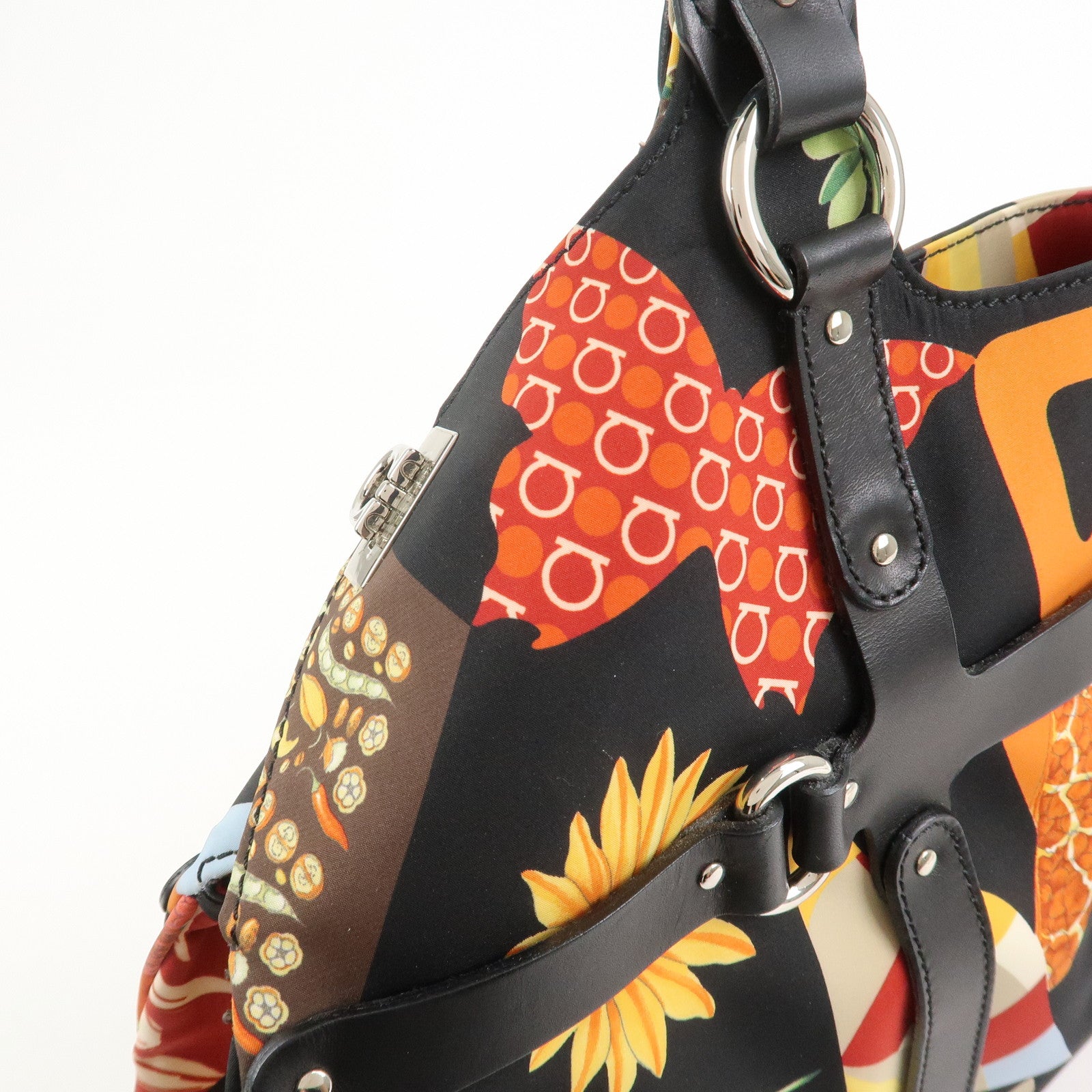 Ferragamo Nylon Leather Hand Bag Shoulder Bag Black Multicolor