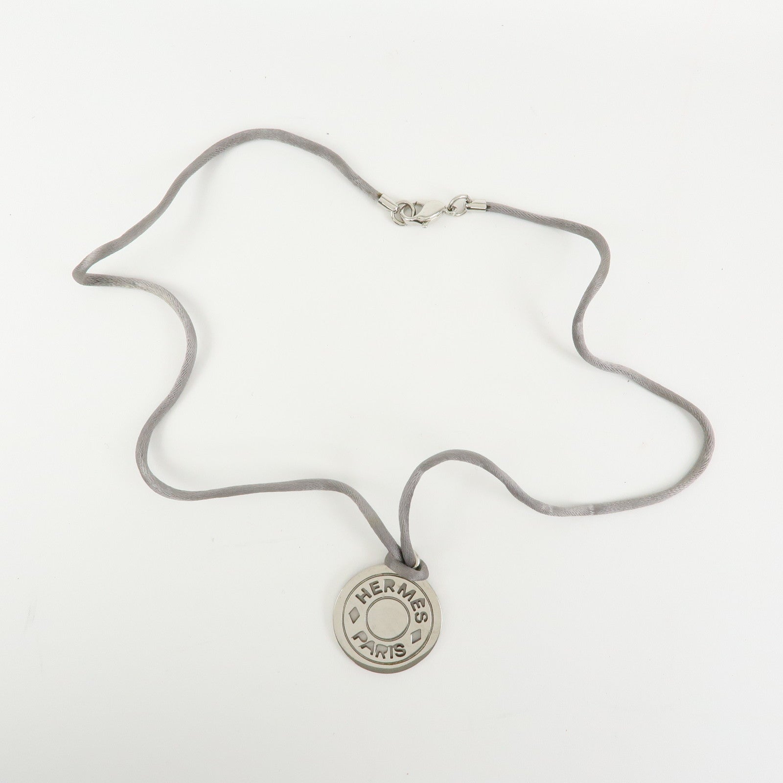 HERMES Serie Silk Cord Metal Necklace Pendant Silver Gray