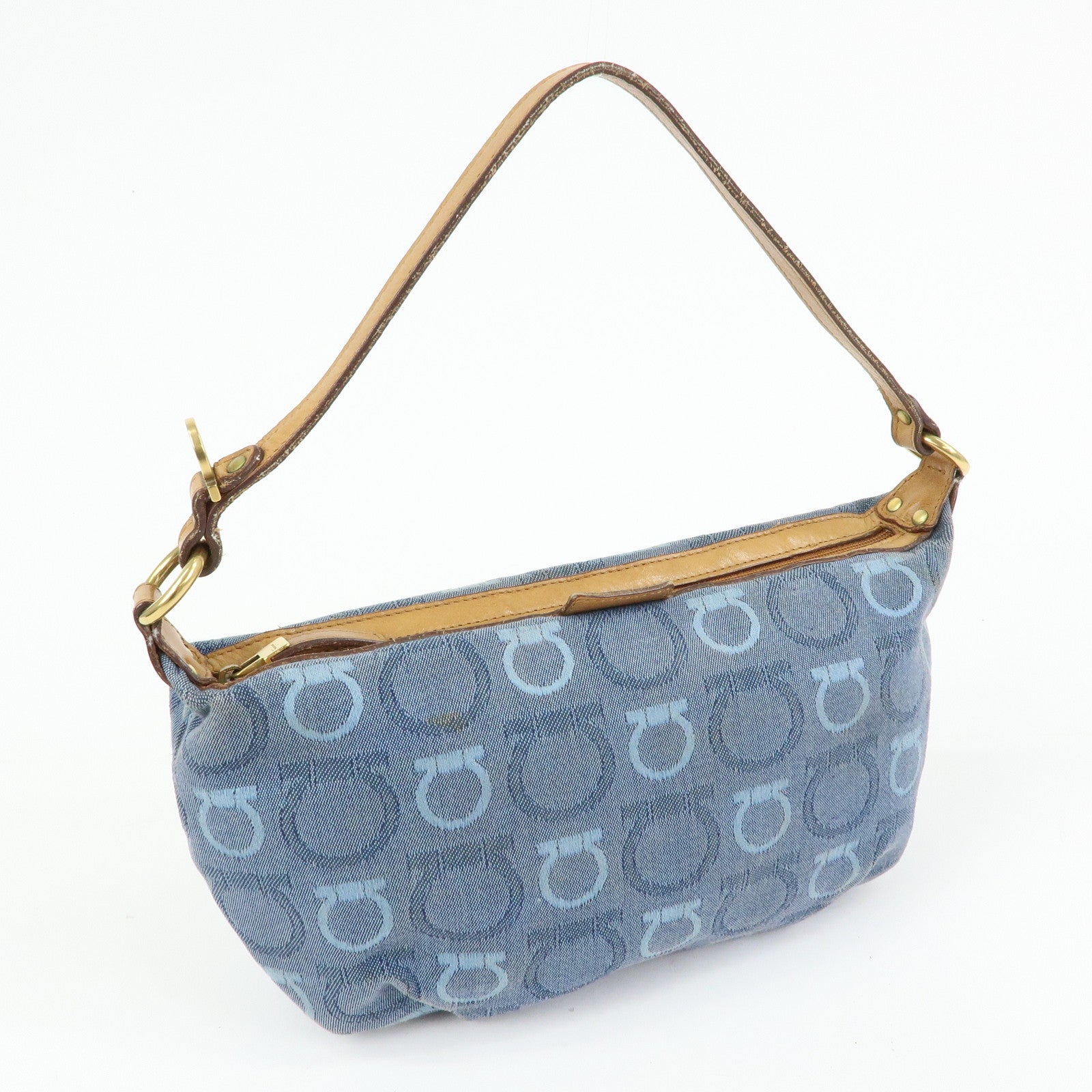 Ferragamo Gancini Canvas Leather Hand Bag Blue Light brown