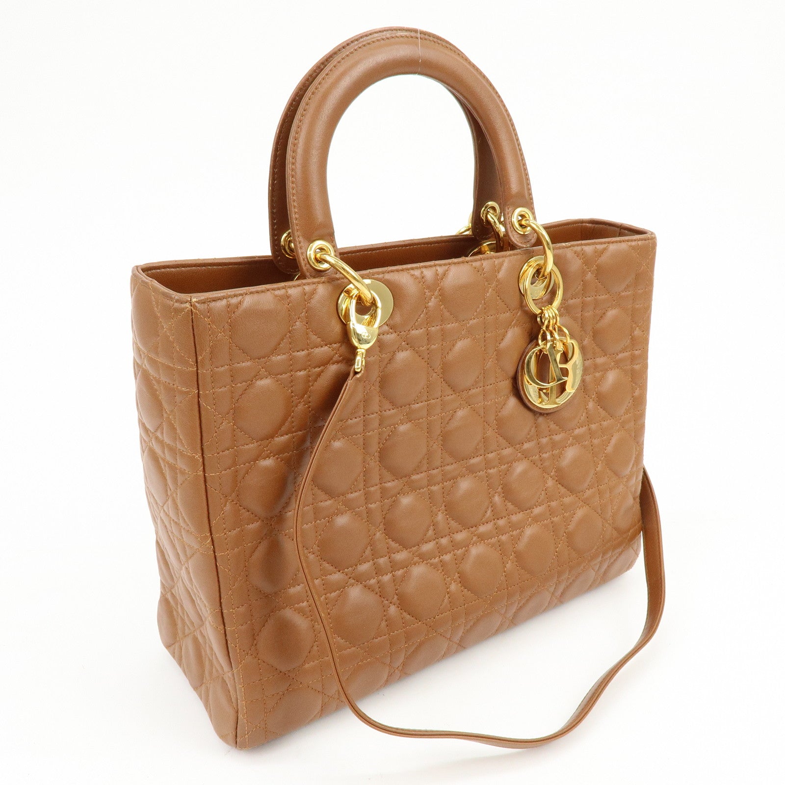 Christian Dior Cannage Large Lamb Skin 2Way Bag Hand Bag Camel