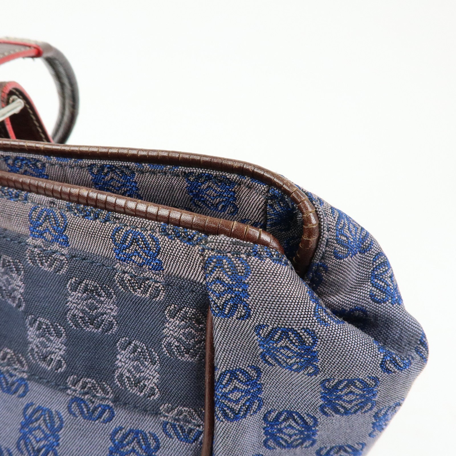 LOEWE Repeat Anagram Canvas Leather Tote Bag Hand Bag Blue Brown