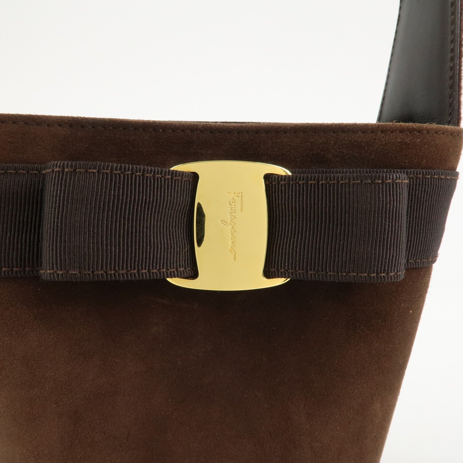 Ferragamo Vara Ribbon Suede Leather Hand Bag Brown Gold