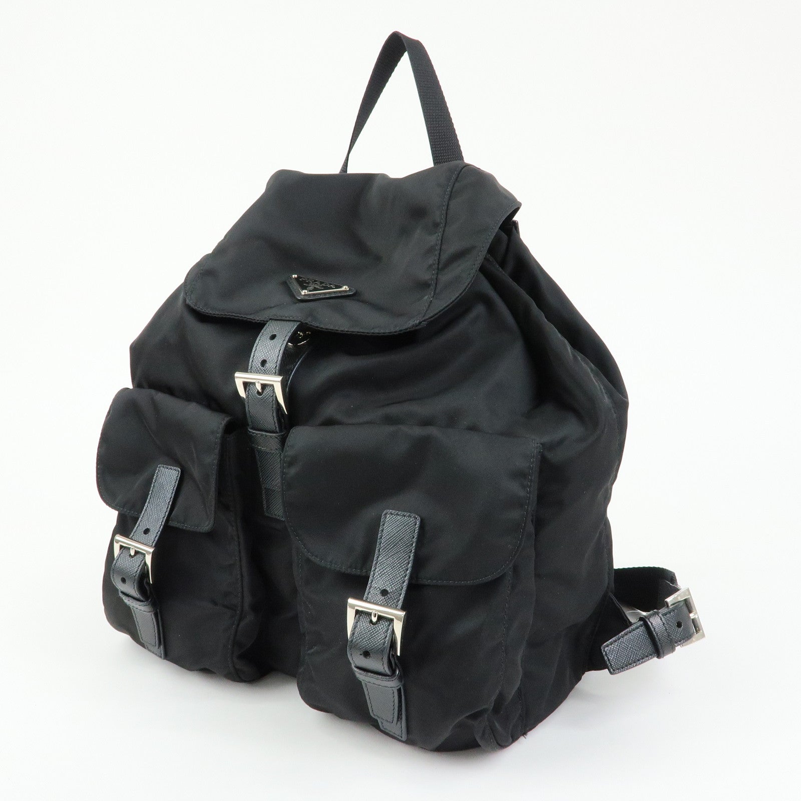 PRADA Triangle Logo Nylon Saffiano leather Backpack Rucksuck Black