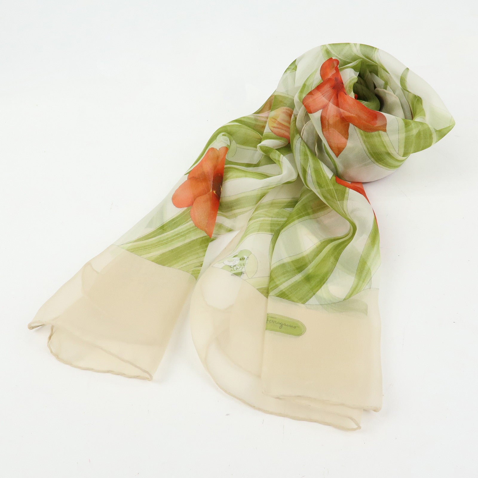 Ferragamo Silk 100% Scarf Flower Motif Ocha-Ken Beige Green Red