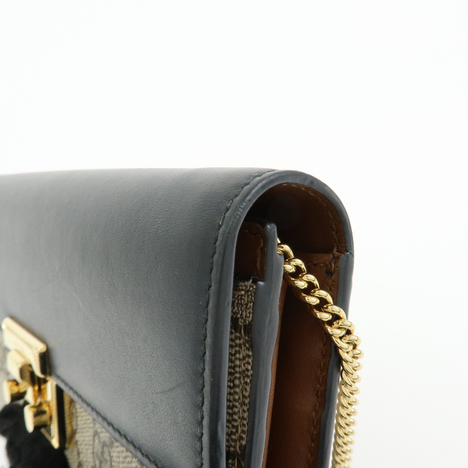 GUCCI GG Supreme Leather Chain Long Wallet WOC Beige Black 453506
