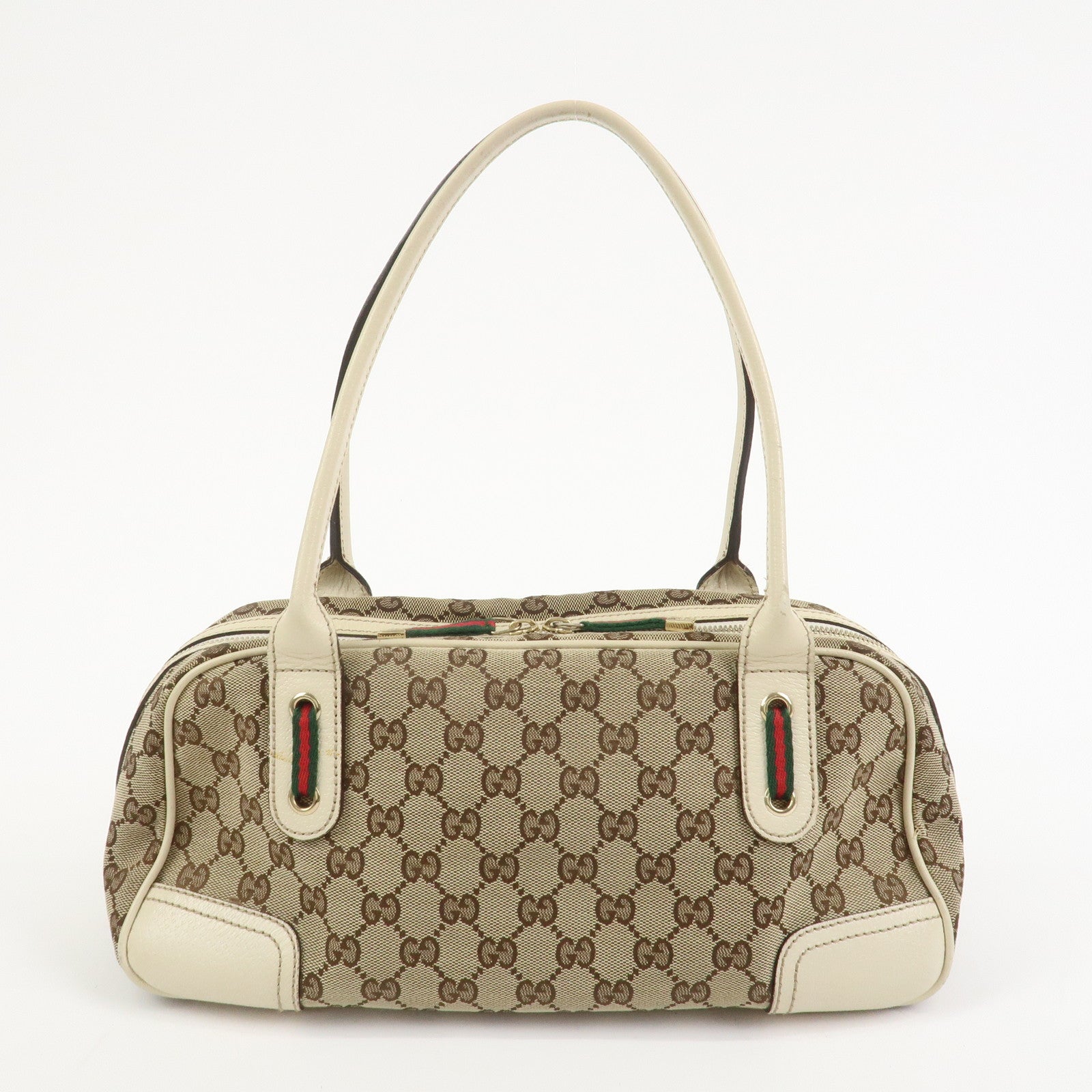 GUCCI Princy Sherry GG Canvas Leather Boston Bag Brown Ivory 161720