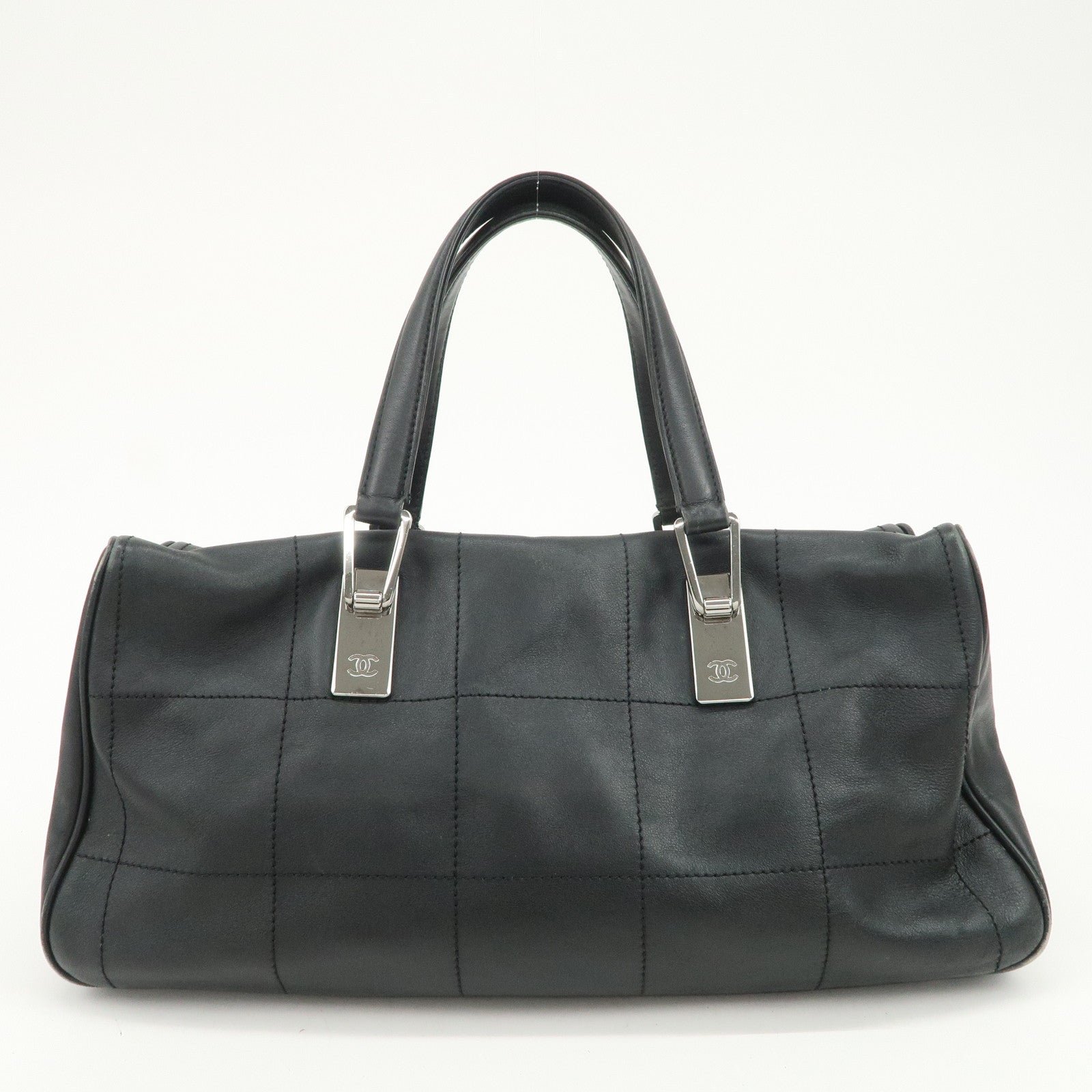 CHANEL Chocolate Bar Lamb Skin Mini Boston Bag Hand Bag Black