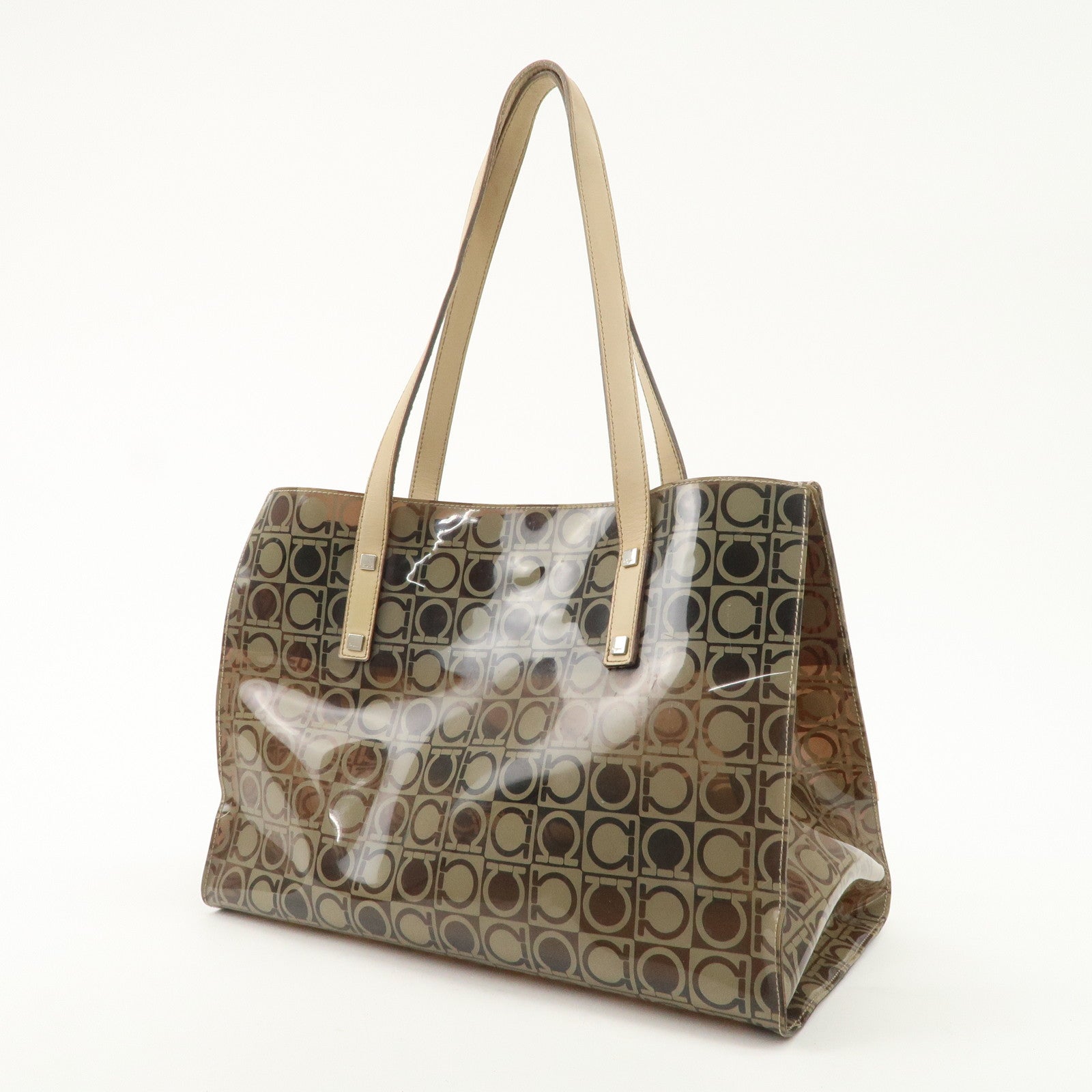 Ferragamo Gancini Vinyl Tote Bag Hand Bag Beige Khaki Silver HDW Used