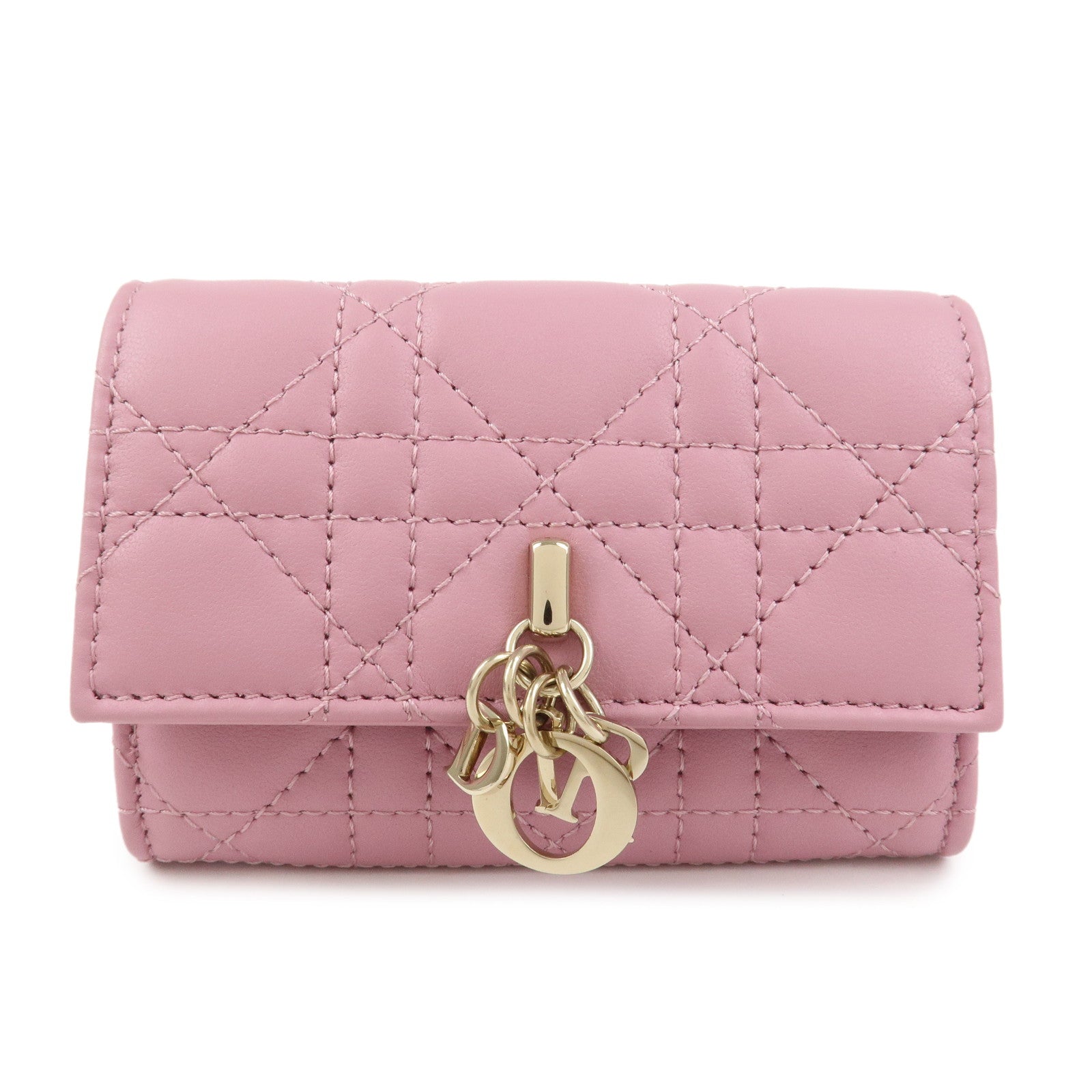 Christian Dior Cannage Logo Leather Bi-fold Compact Wallet Pink