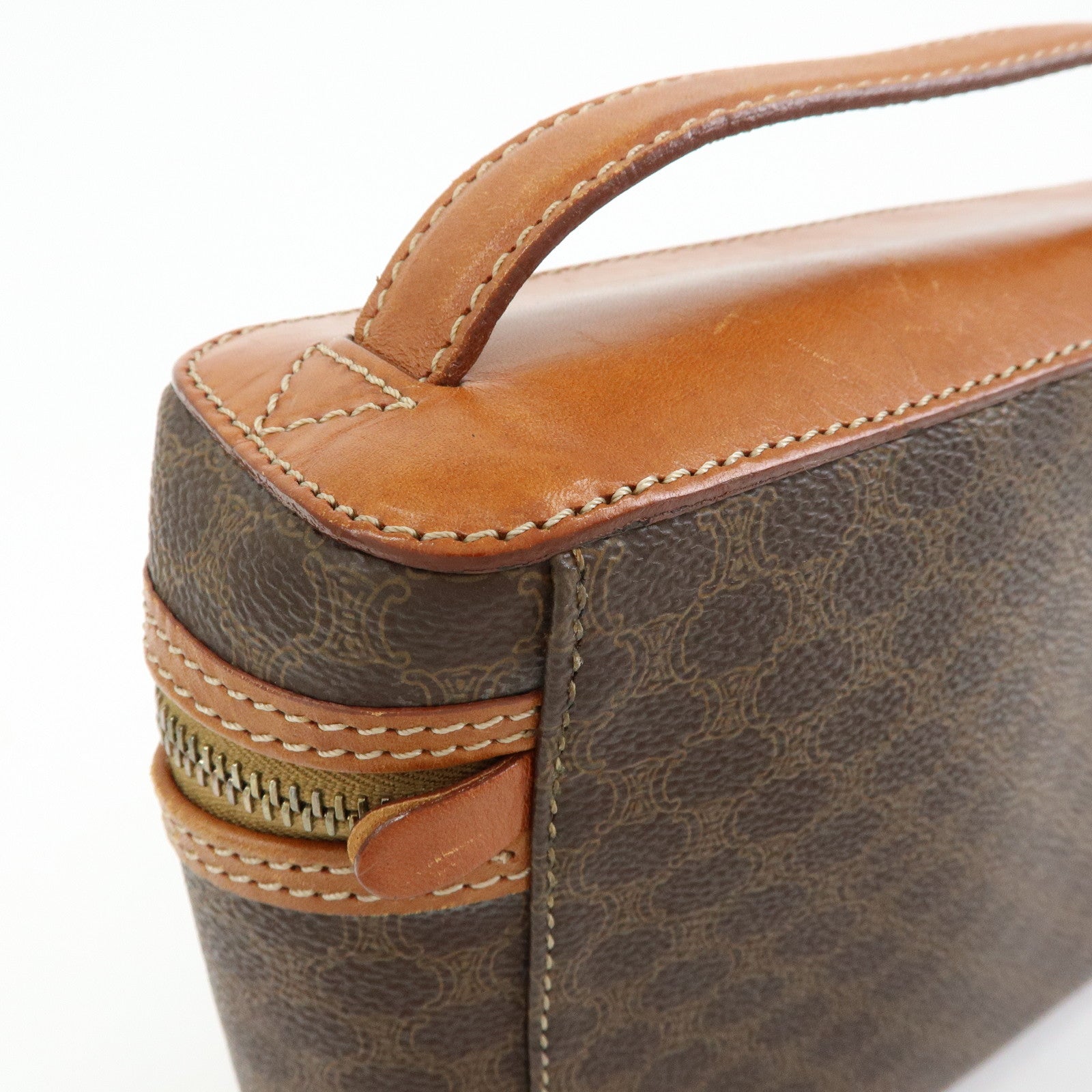 CELINE Macadam PVC Leather Vanity Hand Bag Makeup Bag Brown