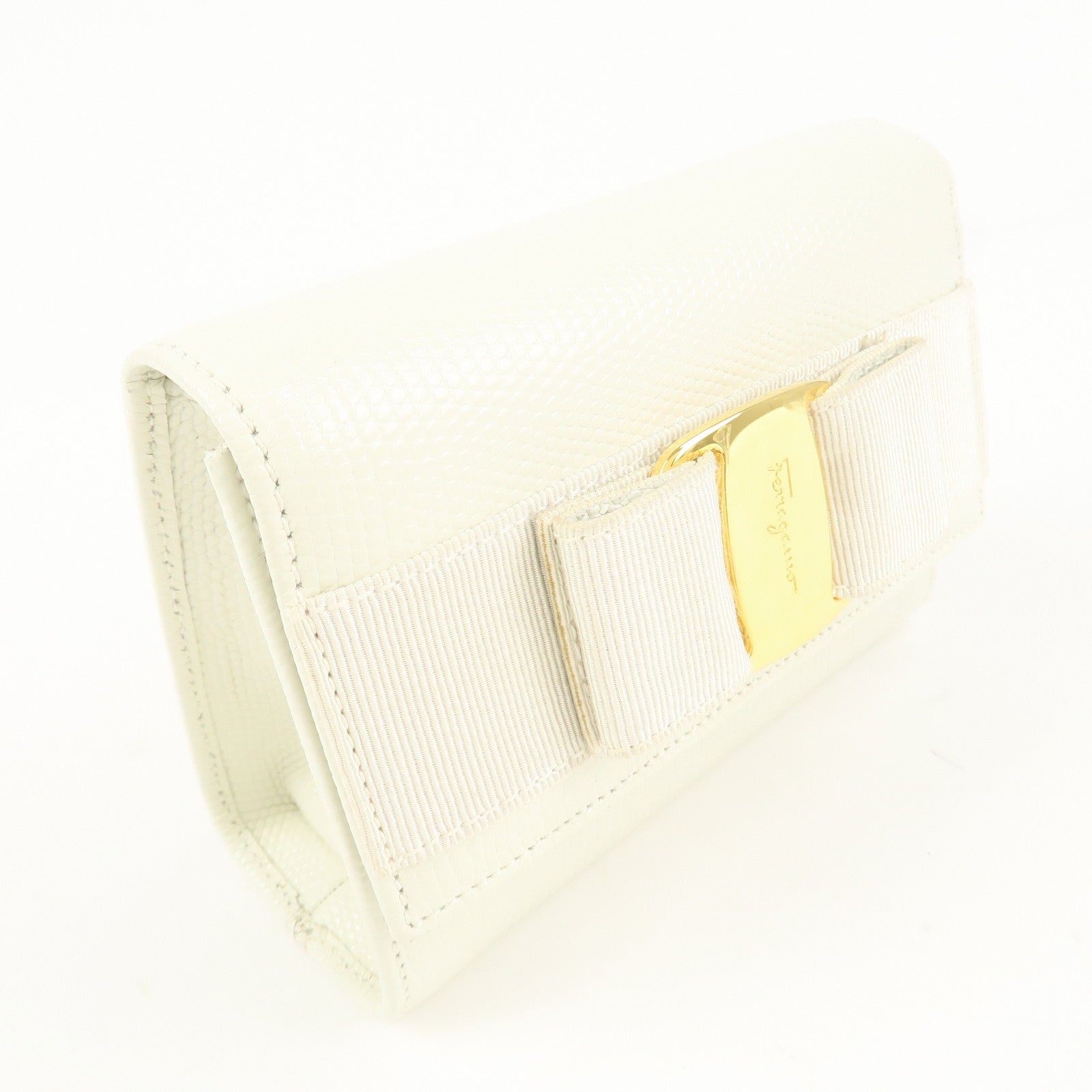 Ferragamo Vara Ribbon Leather Nylon Chain 2Way Shoulder Bag White Used