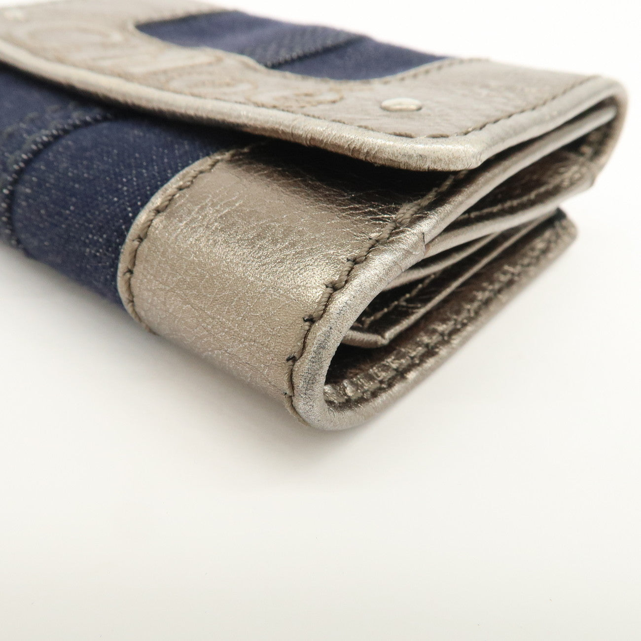 Chloe Harlee Leather Denim Bi-Fold Compact Wallet Silver Blue
