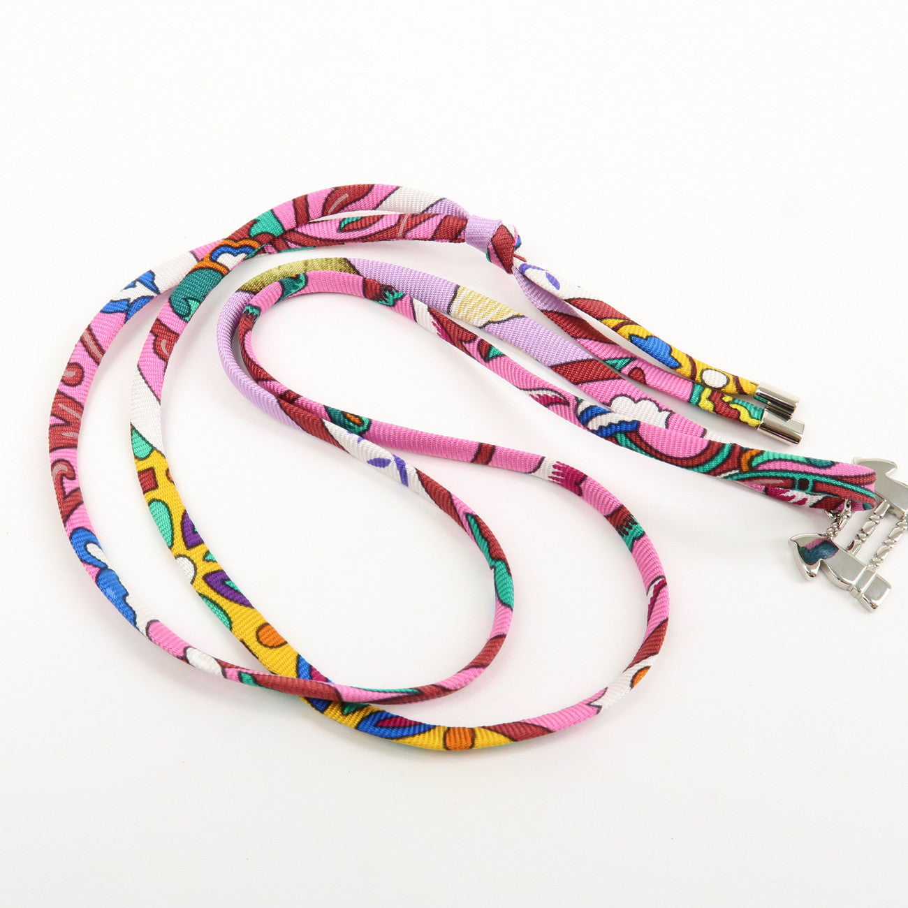 HERMES Tourbillon Stainless Steel Silk Necklace Choker Silver Pink