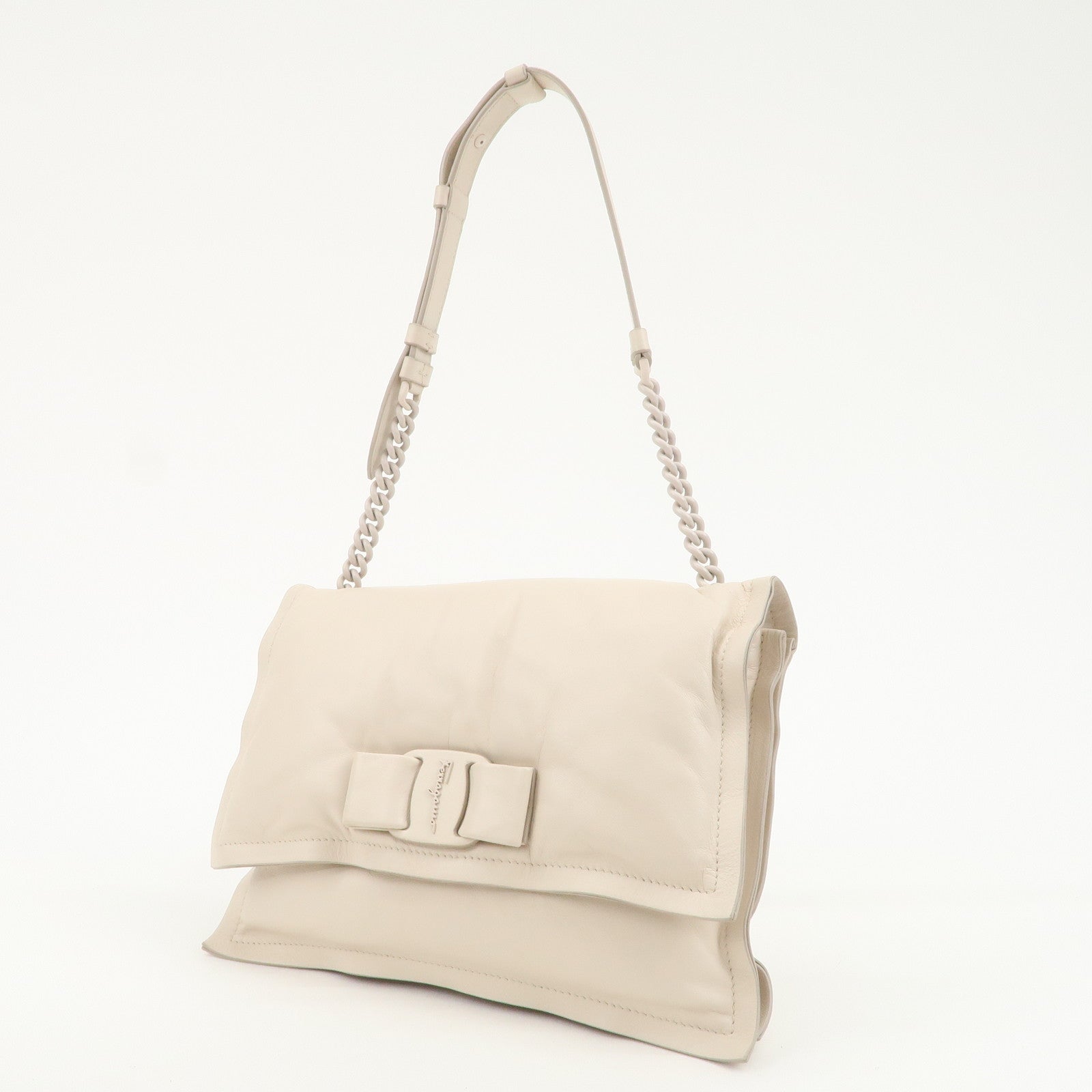 Ferragamo Vara Ribbon Leather Chain Shoulder Bag Hand Bag Ivory