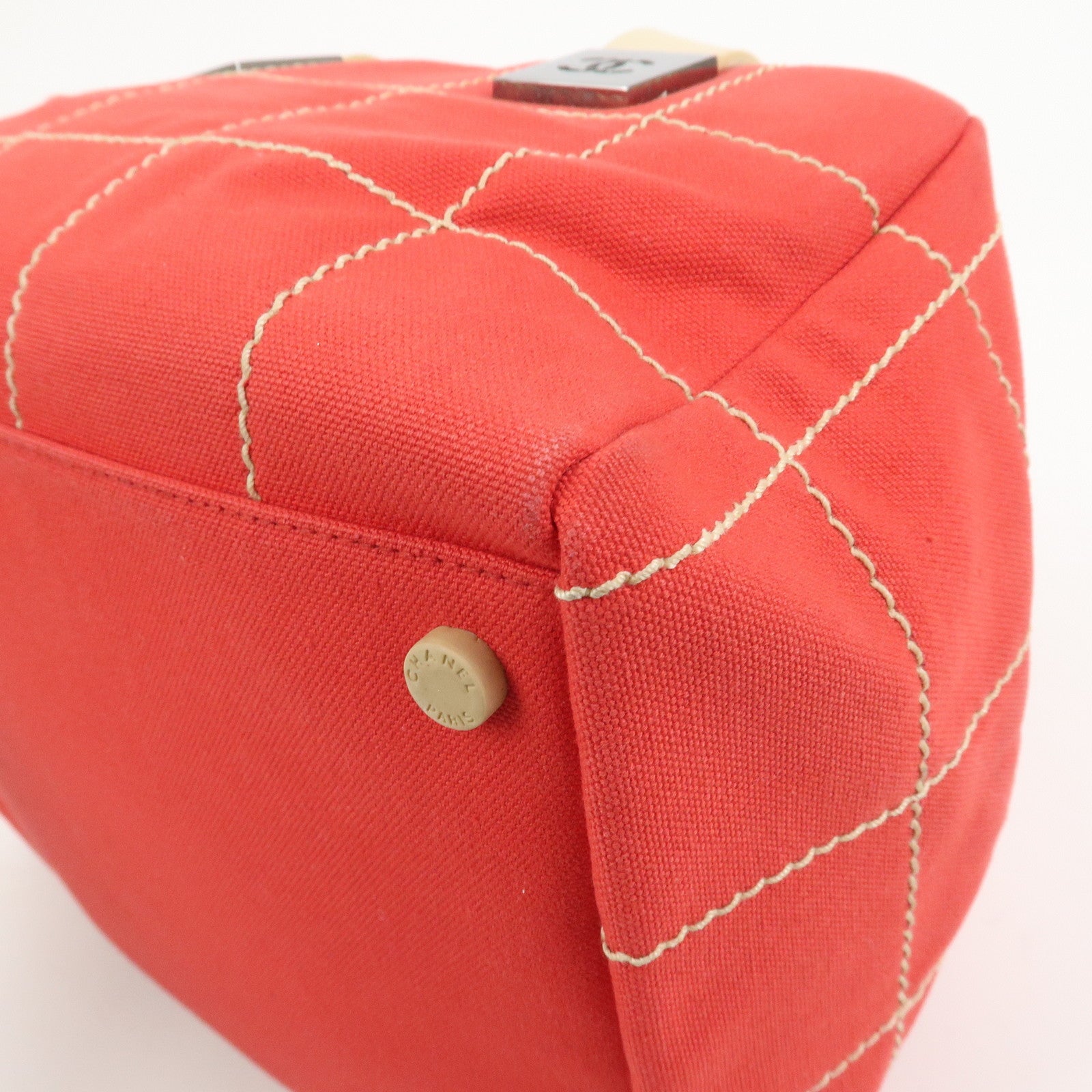 CHANEL Chocolate Bar COCO Mark Canvas Leather Hand Bag Red