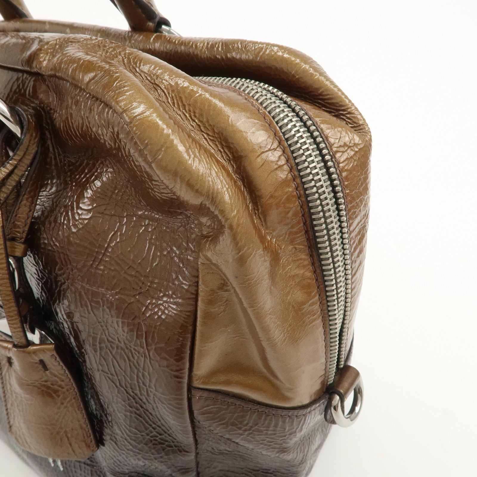 PRADA Logo Patent Leather Hand Bag Boston Bag Brown BL0555