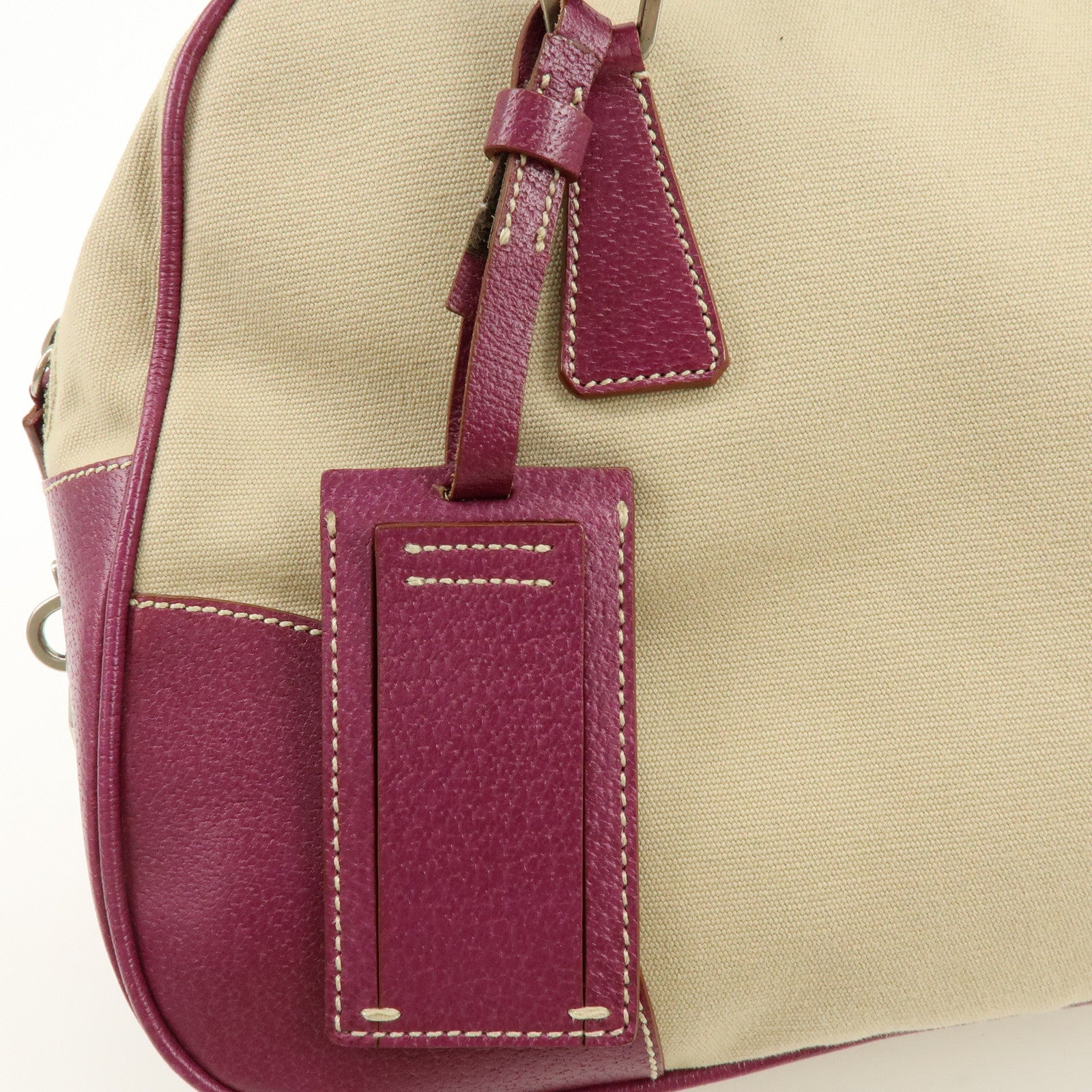 PRADA Triangle Logo Canvas Leather Bowling Bag Natural Purple