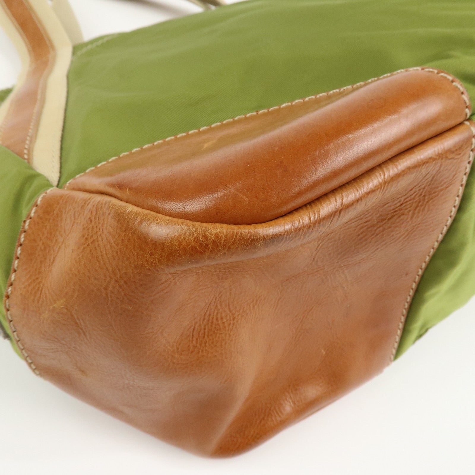 PRADA Triangle Logo Leather Nylon 2Way Tote Bag Brown Khaki