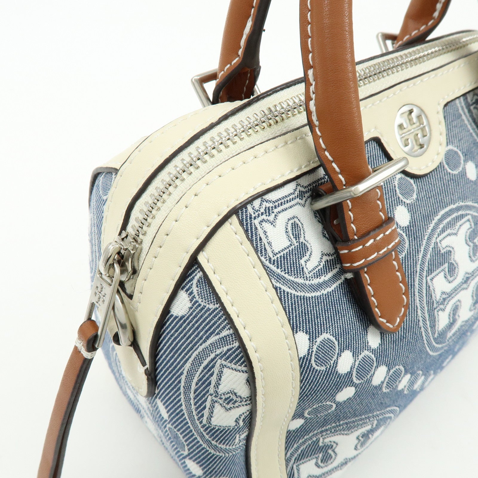 TORY BURCH T Monogram Canvas Leather 2Way Hand Shoulder Bag Blue