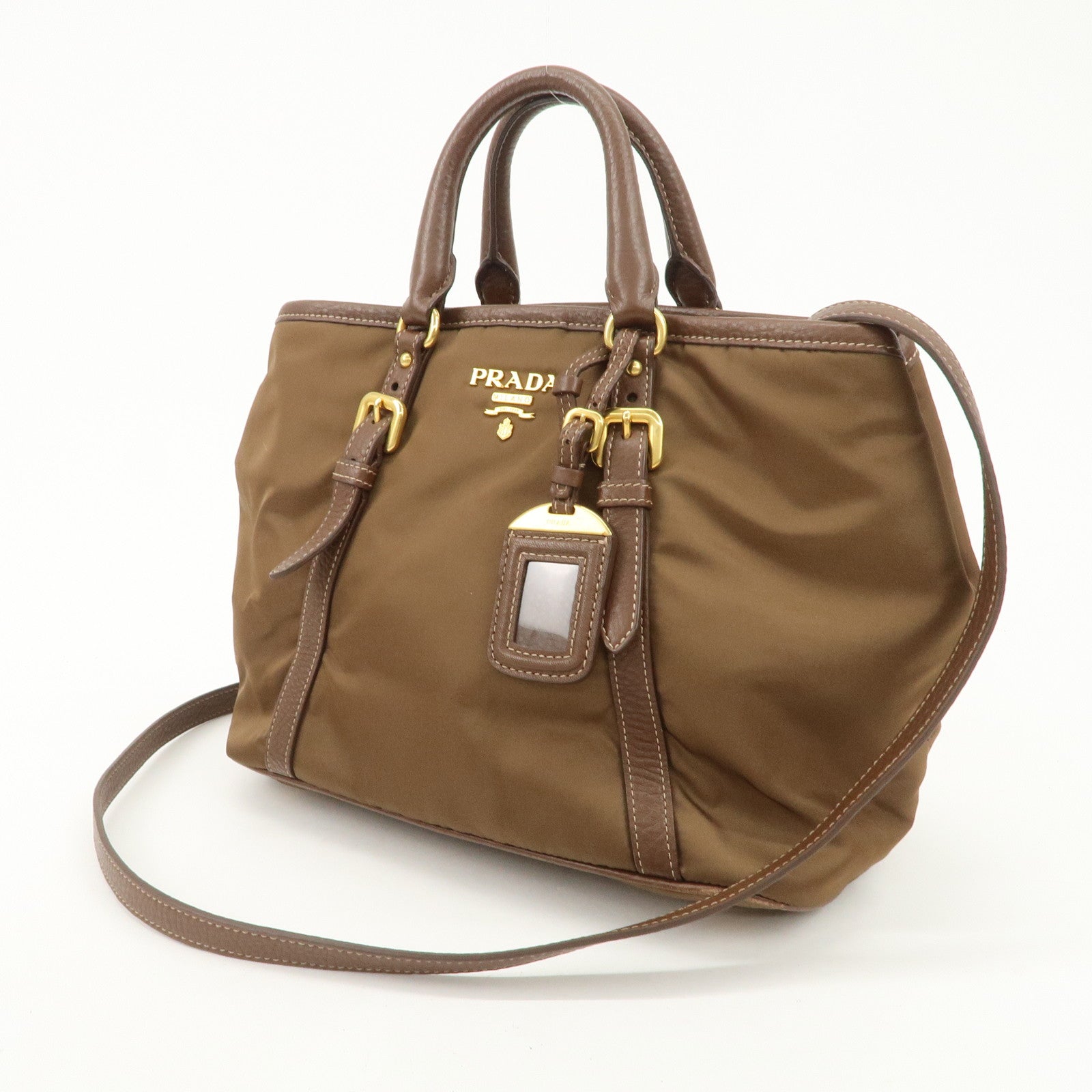 PRADA Logo Nylon Leather 2Way Tote Bag Shoulder Bag Brown BN1841