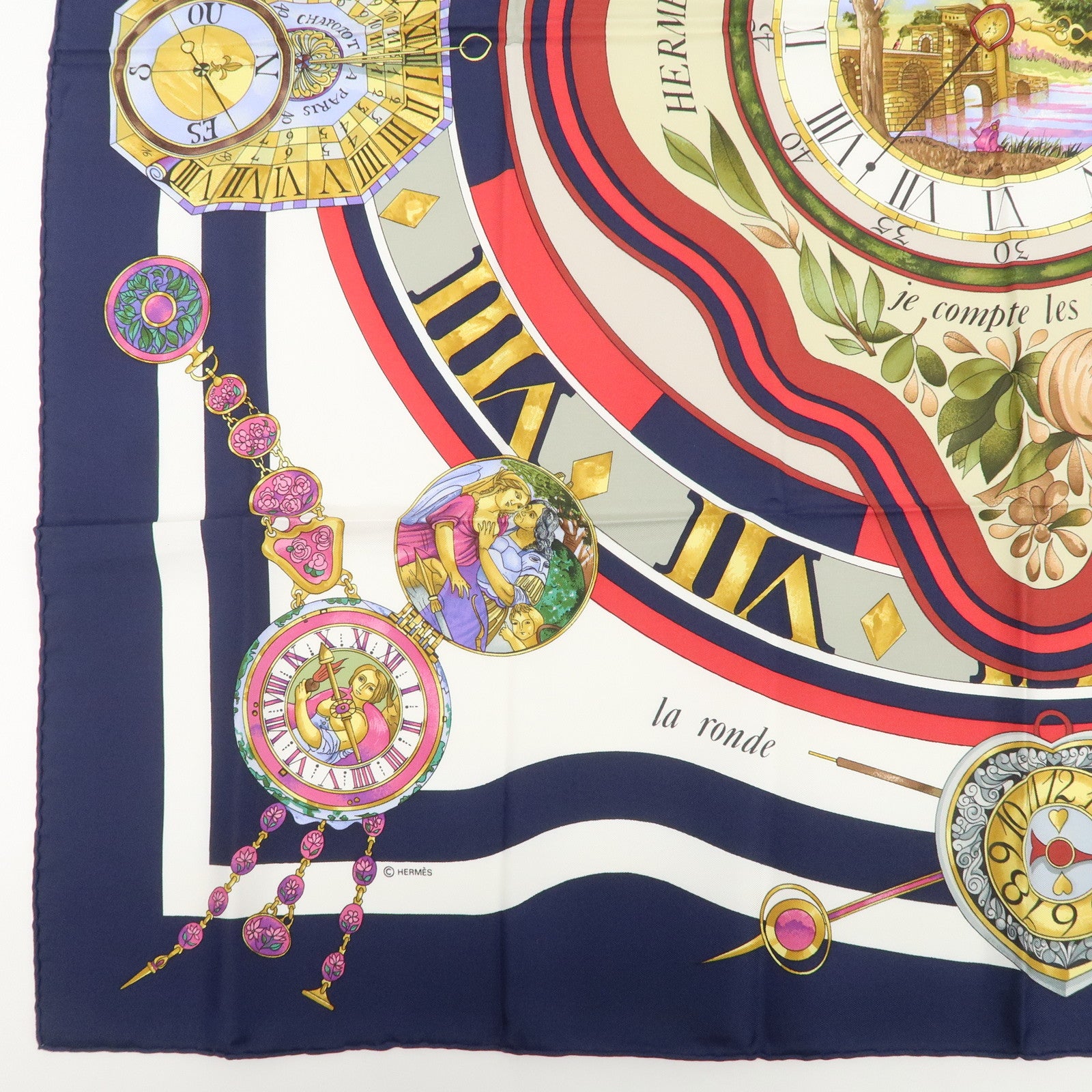 HERMES Carre 90 Silk 100% Scarf Clock Print Navy White Multicolor