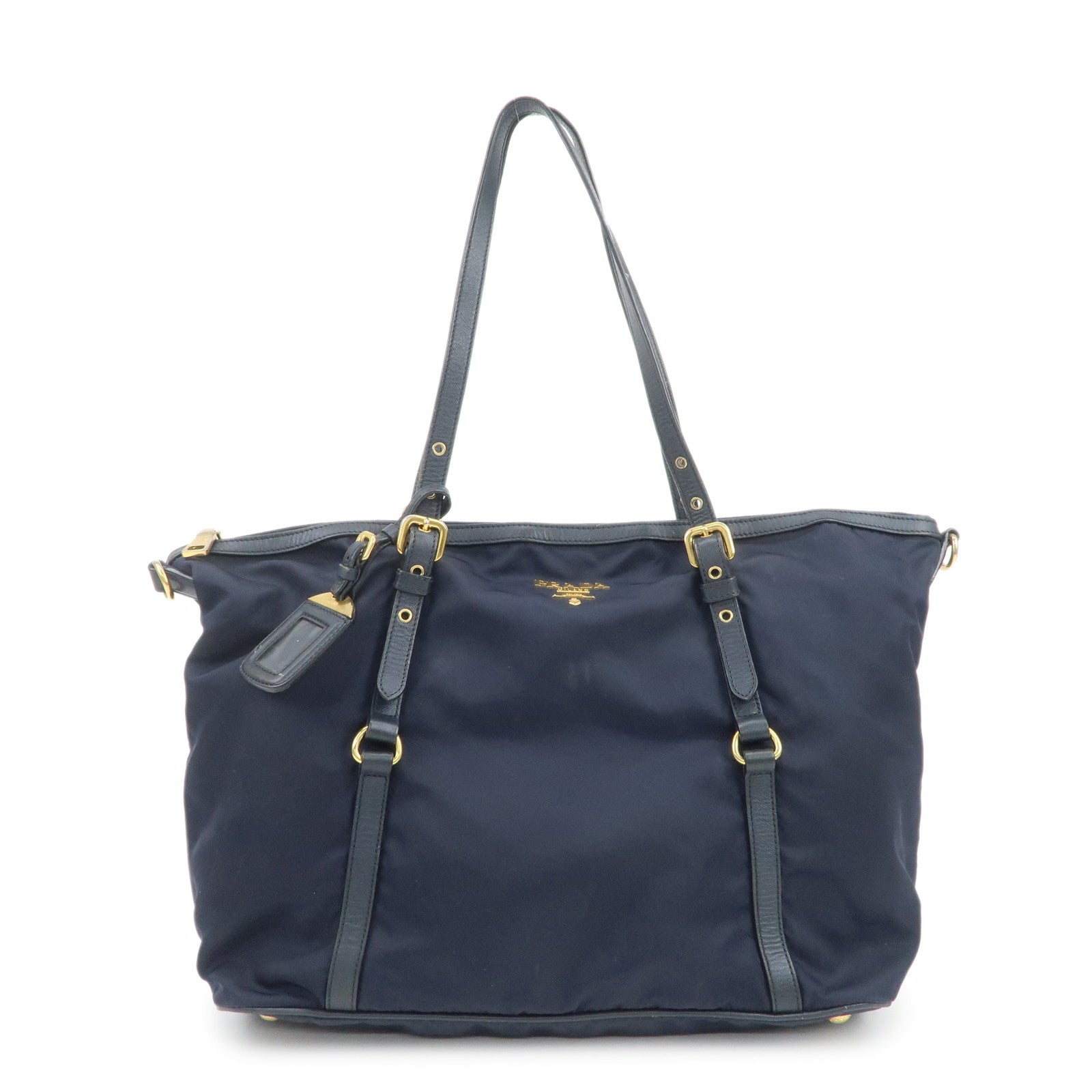 PRADA Nylon Saffiano Leather Shoulder Bag Tote Bag Navy