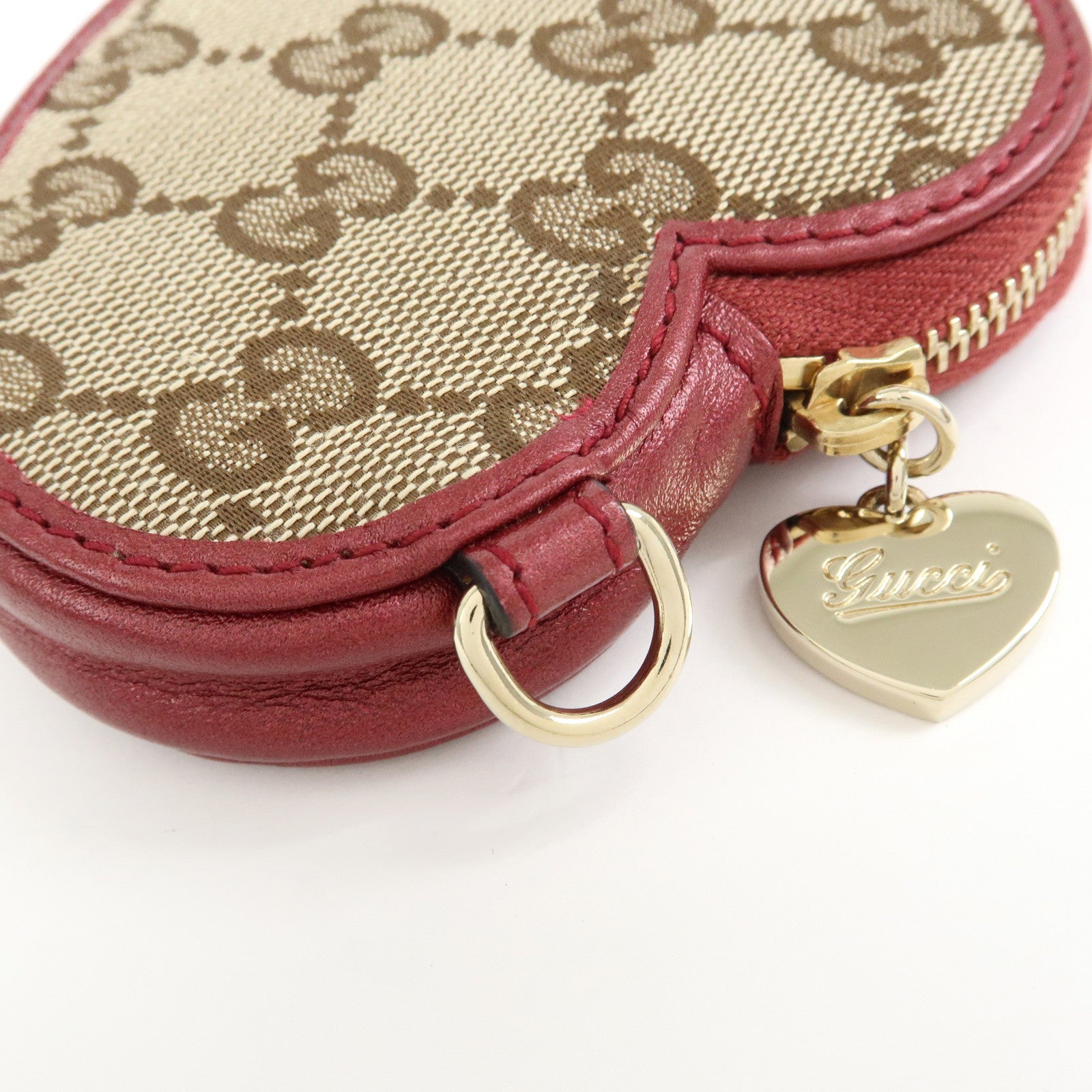 GUCCI Lovely Heart GG Canvas Leather Coin Case Beige Bordeaux152615