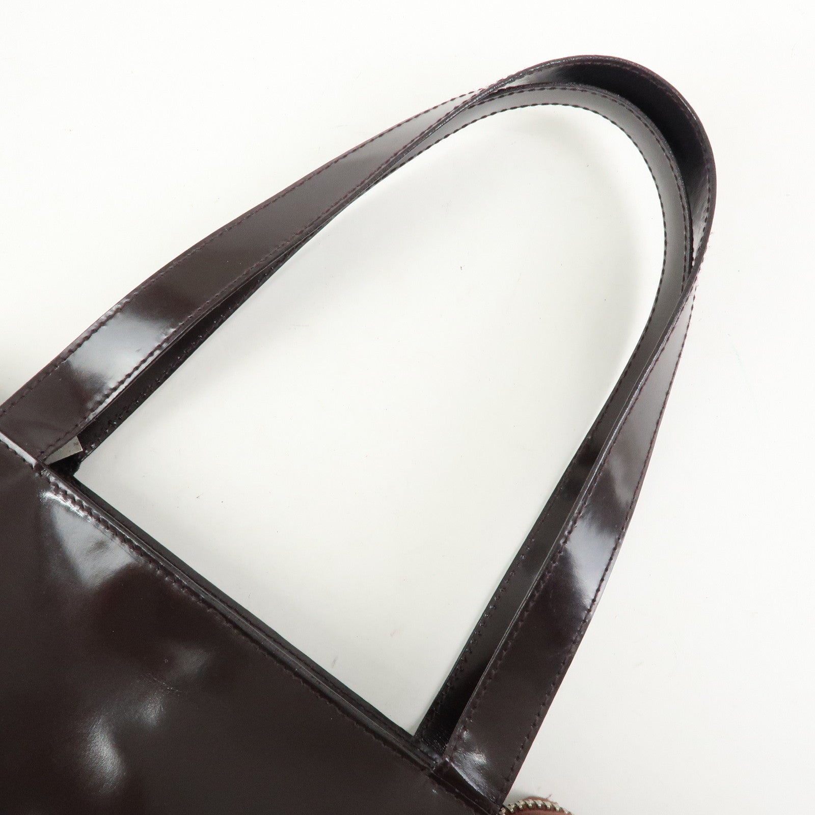 CHANEL Logo Patent Leather Tote Bag Shoulder Bag Brown